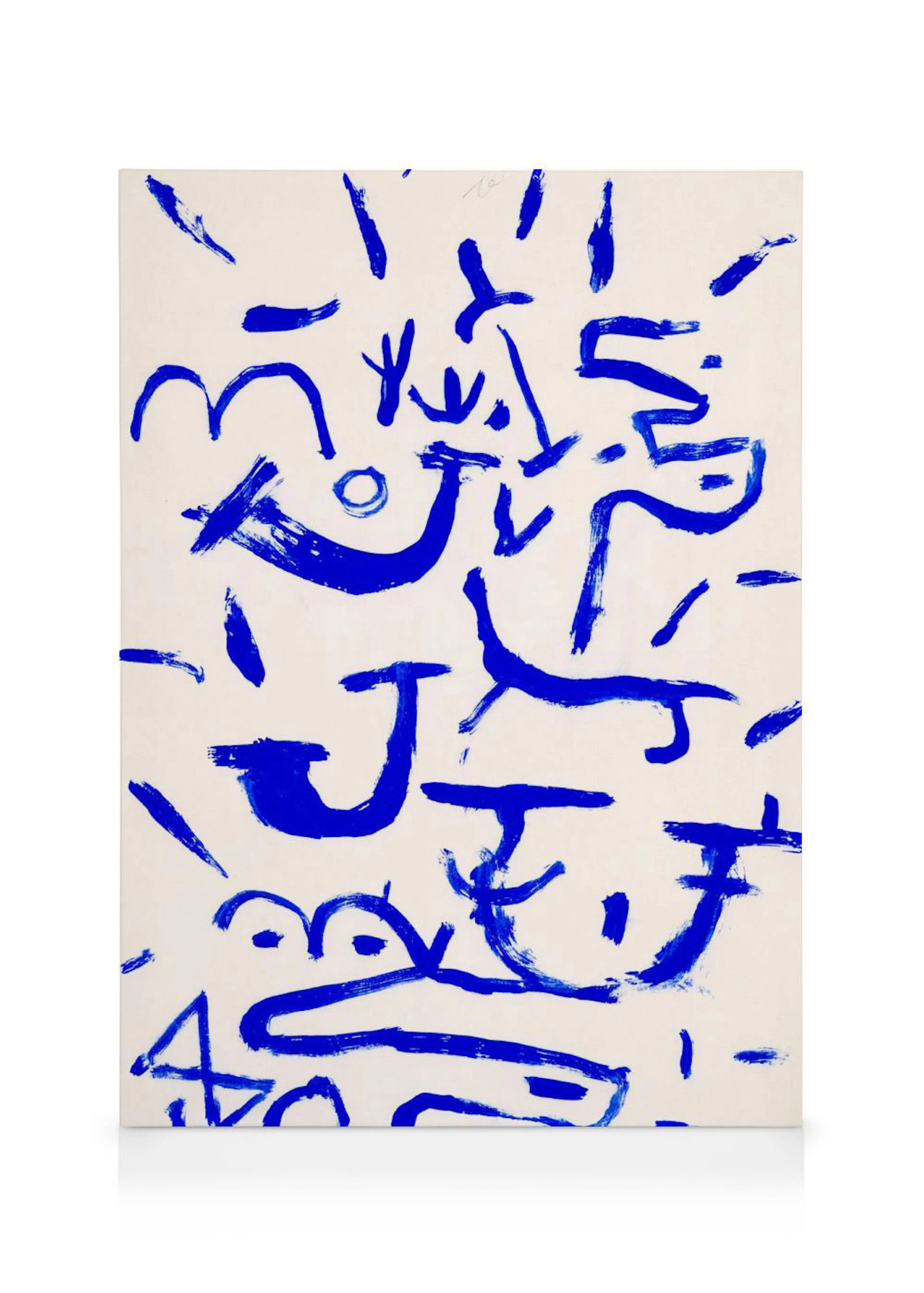 A canvas featuring an abstract artwork with bold blue brushstrokes forming various shapes on a light background.