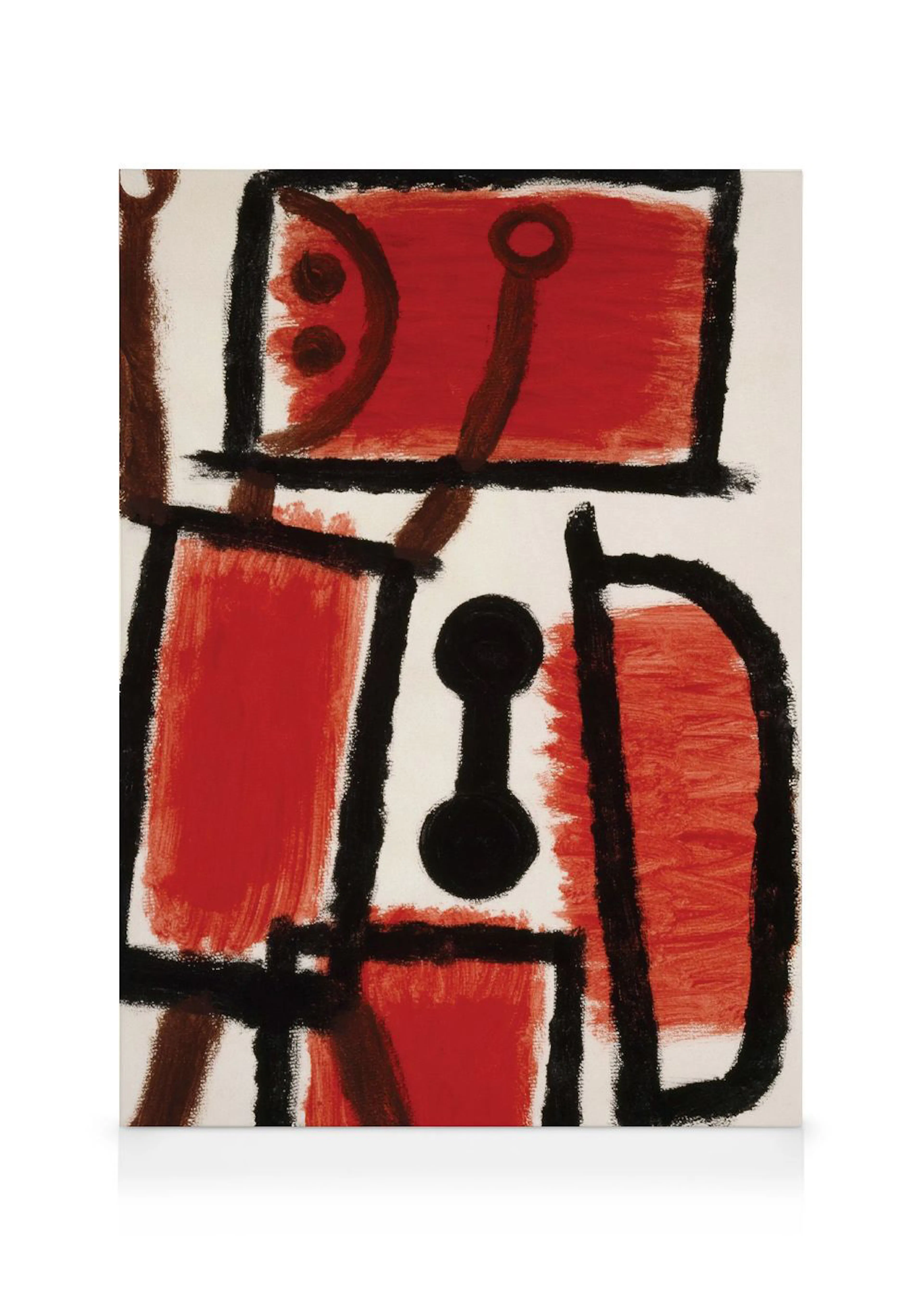 A canvas featuring a painting with bold red rectangles and black outlines, with black and brown organic shapes on a white backgr