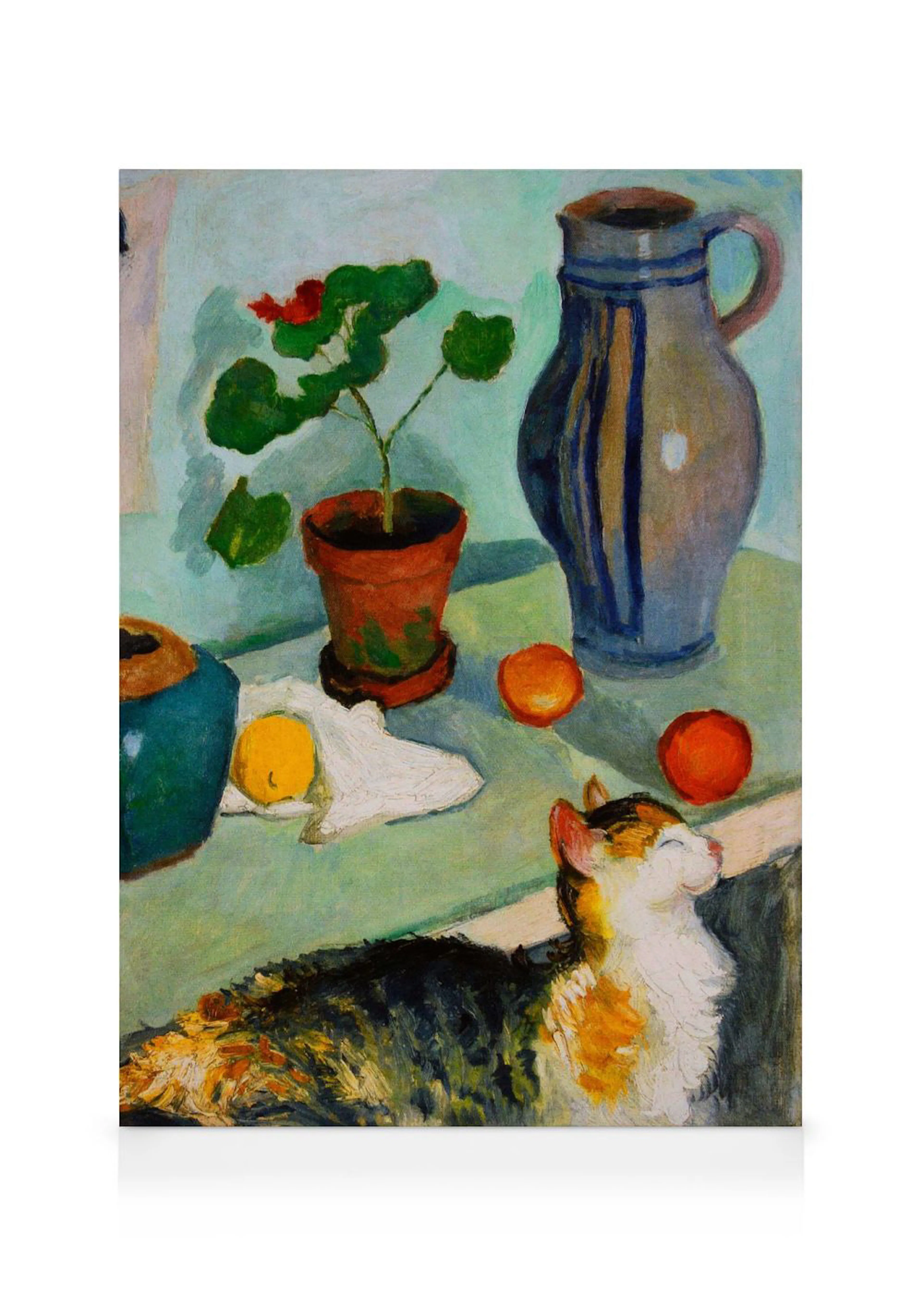 Toile représentant une nature morte avec un chat calico endormi, une plante en pot et des fruits sur une table.