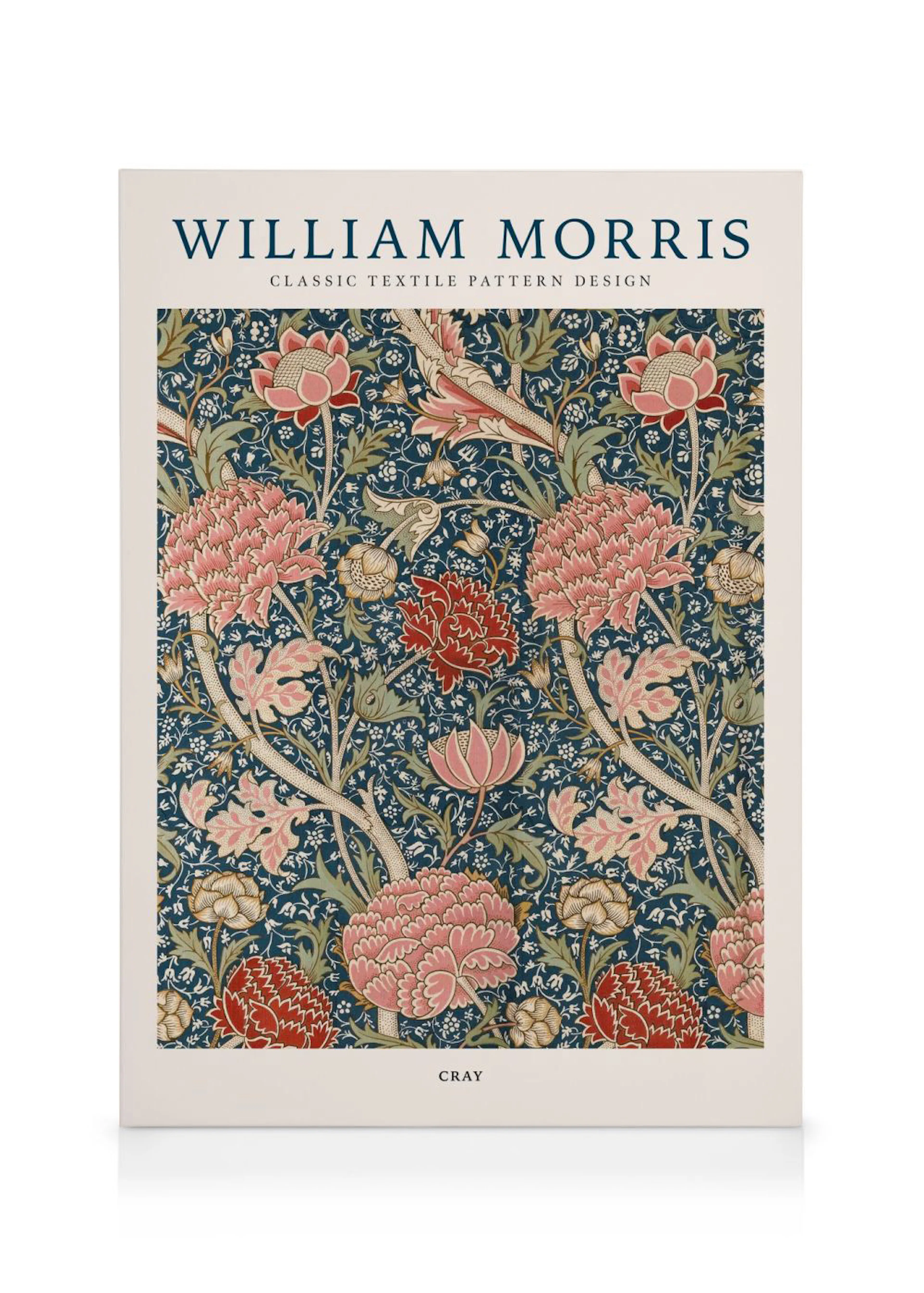 Leinwandbild mit einem William Morris Muster aus rosa und roten Blumen auf einem dunkelblauen Hintergrund.