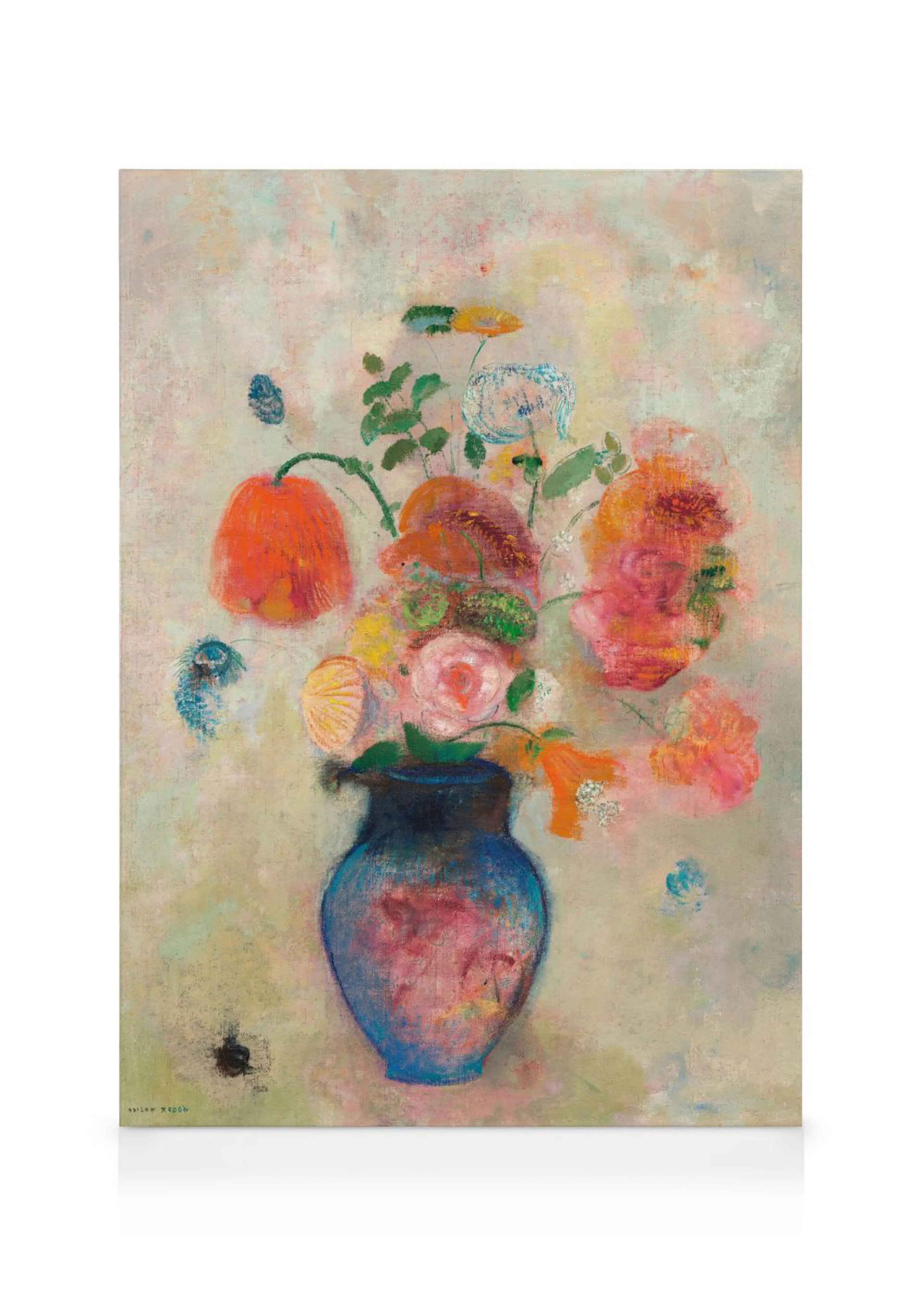 Leinwandbild mit einem farbenfrohen Blumenstrauß in einer blauen Vase, auf hellem Hintergrund.