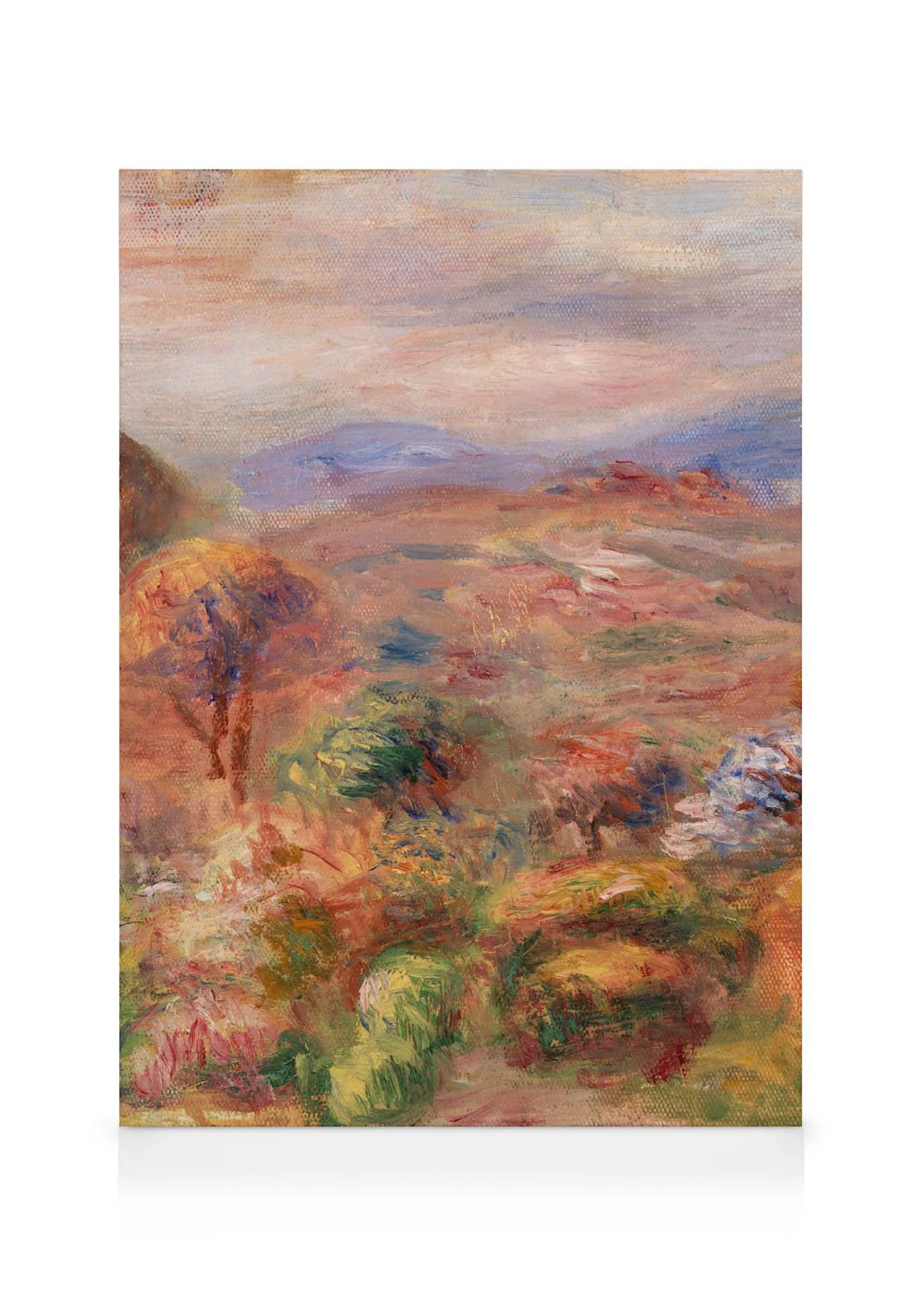 Leinwandbild: Impressionistische Landschaft mit Hügeln und farbenfroher Vegetation unter einem bewölkten Himmel.
