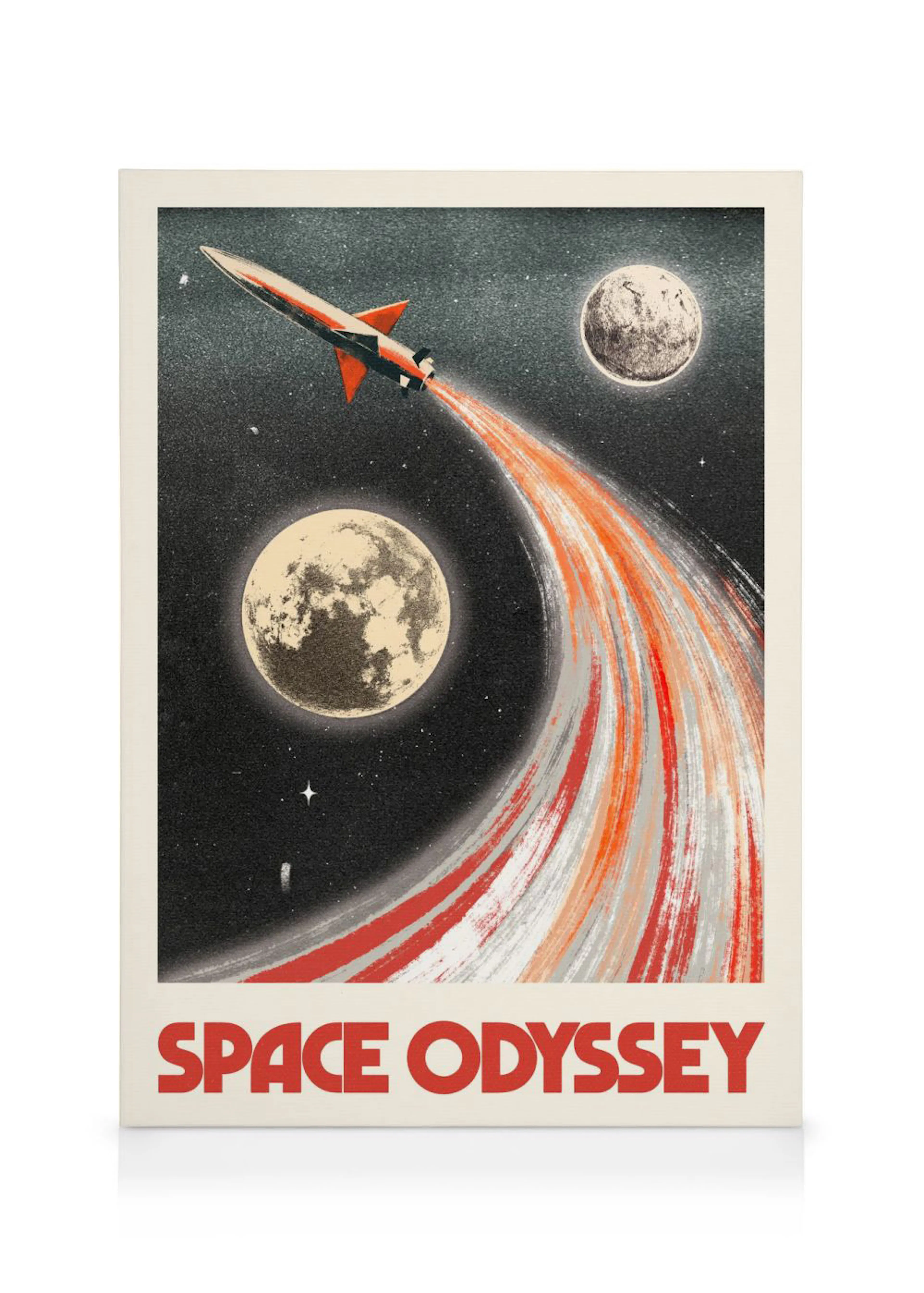 Leinwandbild mit einem roten Raumschiff, das eine orange-weiße Spur zieht, und zwei Planeten auf schwarzem Hintergrund. Retro-St