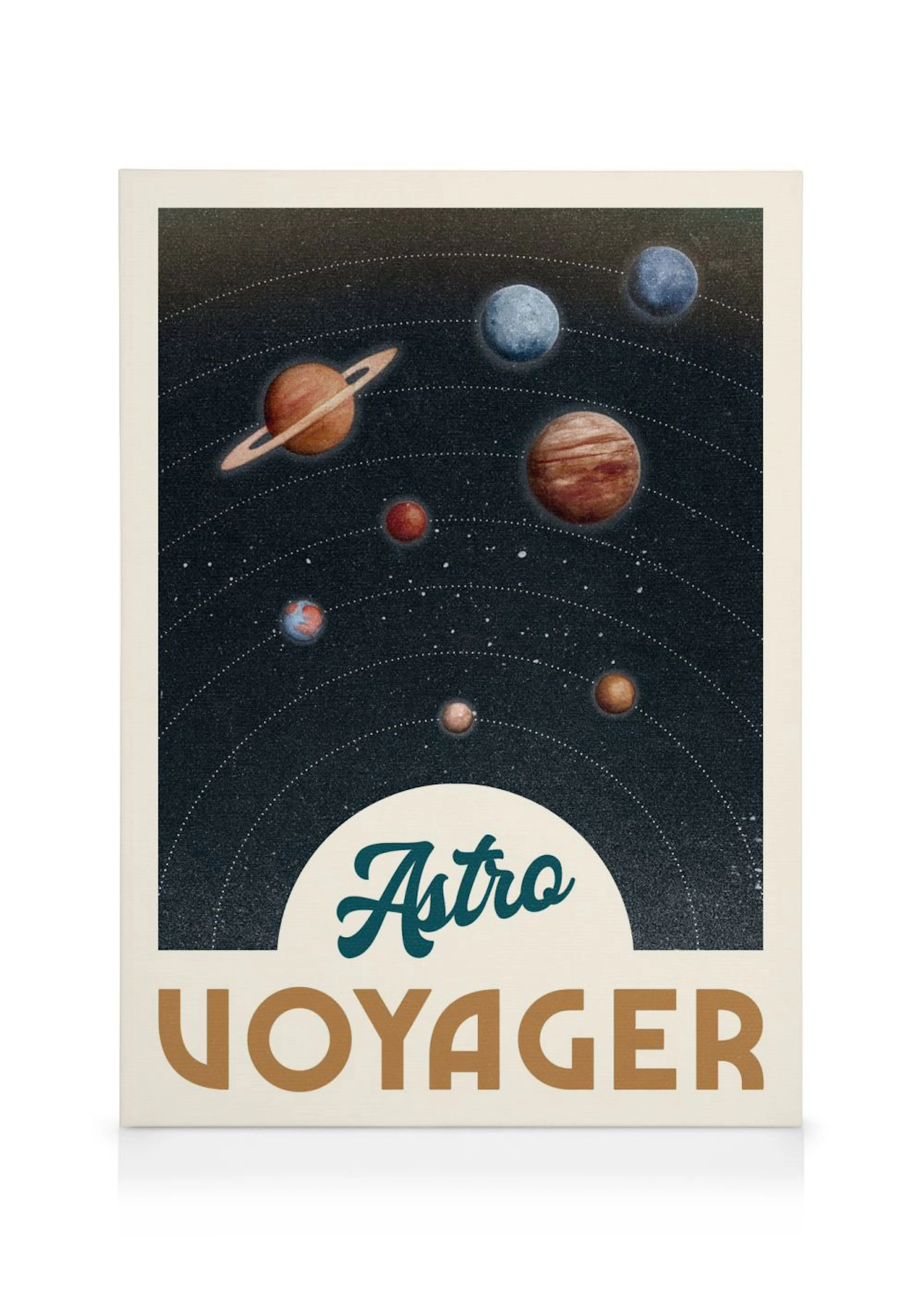 Toile Astro Voyager avec des planètes colorées et leurs orbites sur fond despace sombre.