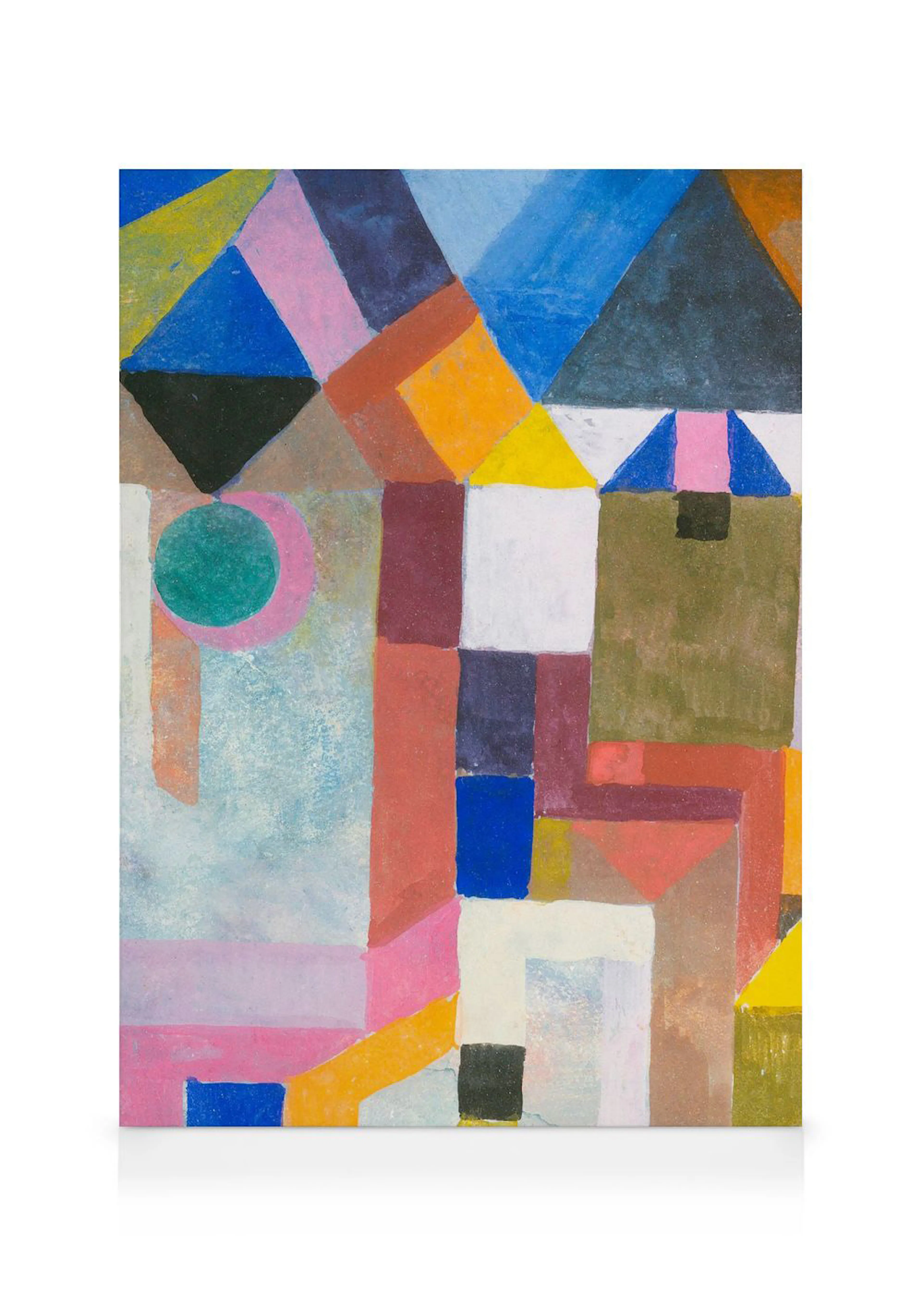 Toile abstraite avec des formes géométriques vibrantes et variées, incluant des triangles et des rectangles colorés.