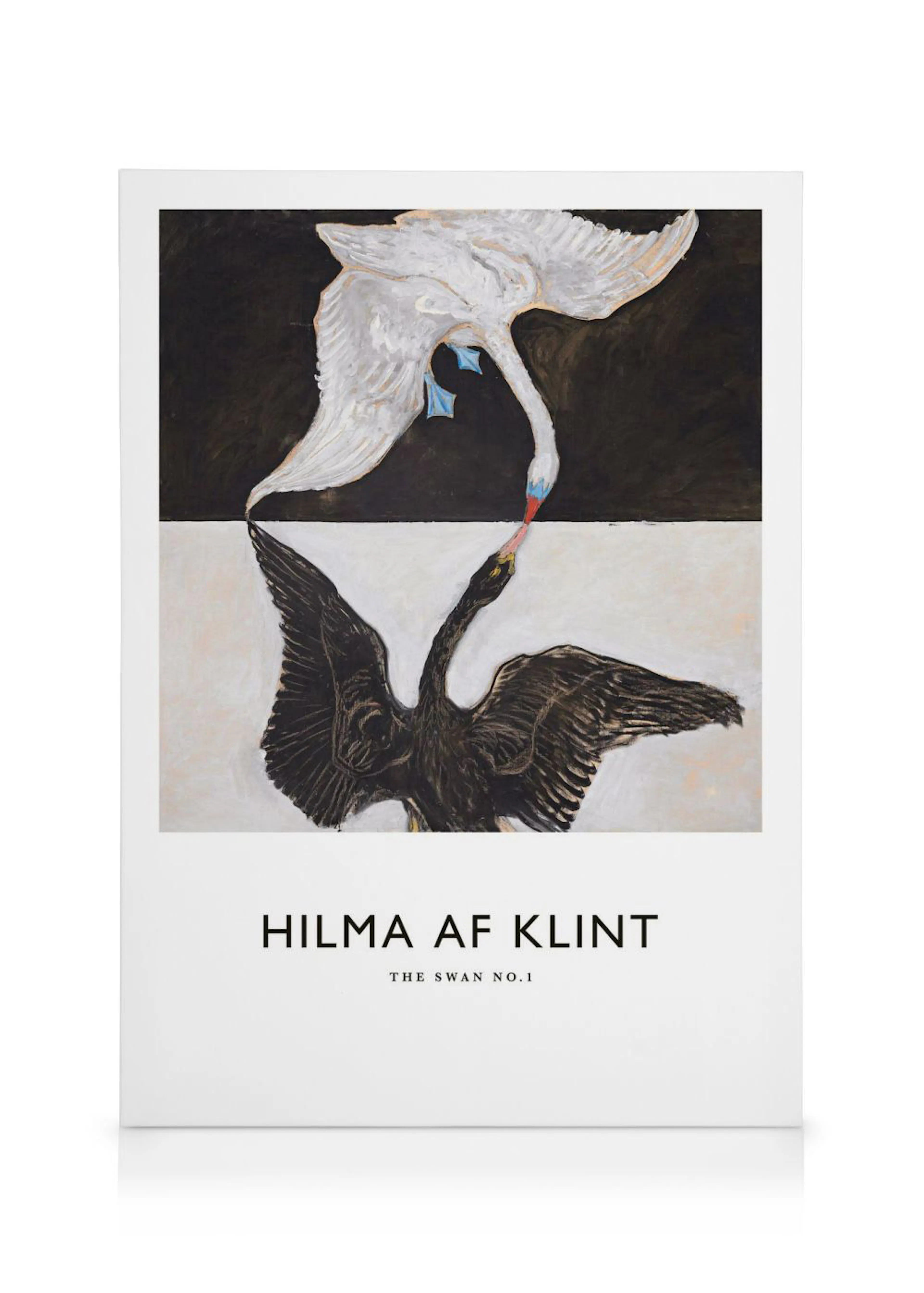 A canvas featuring Hilma af Klints The Swan No. 1, with a white swan above a black swan on a divided black and white background.