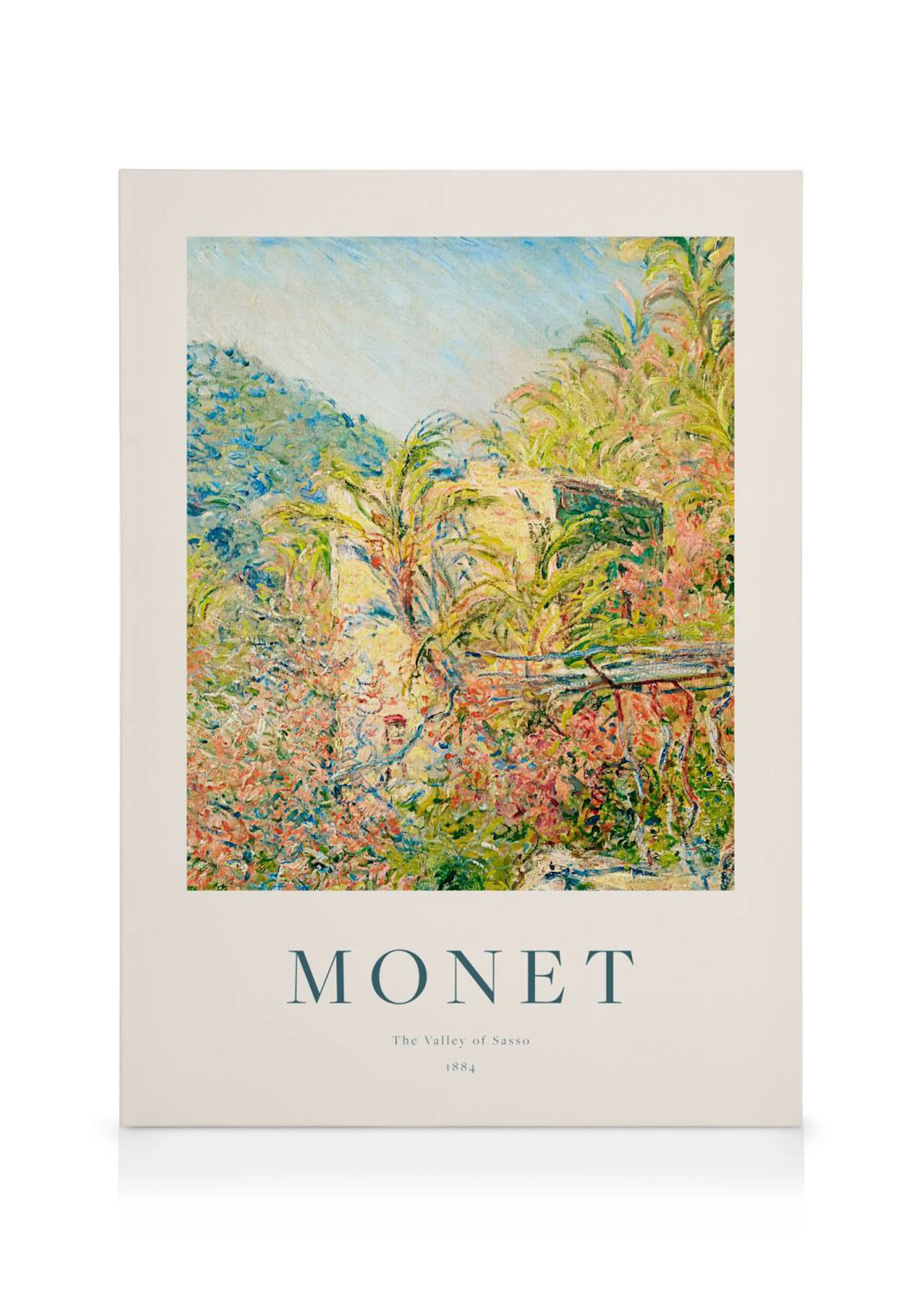 Toile The Valley of Sasso par Monet, présentant un paysage luxuriant avec des palmiers et des fleurs colorées.