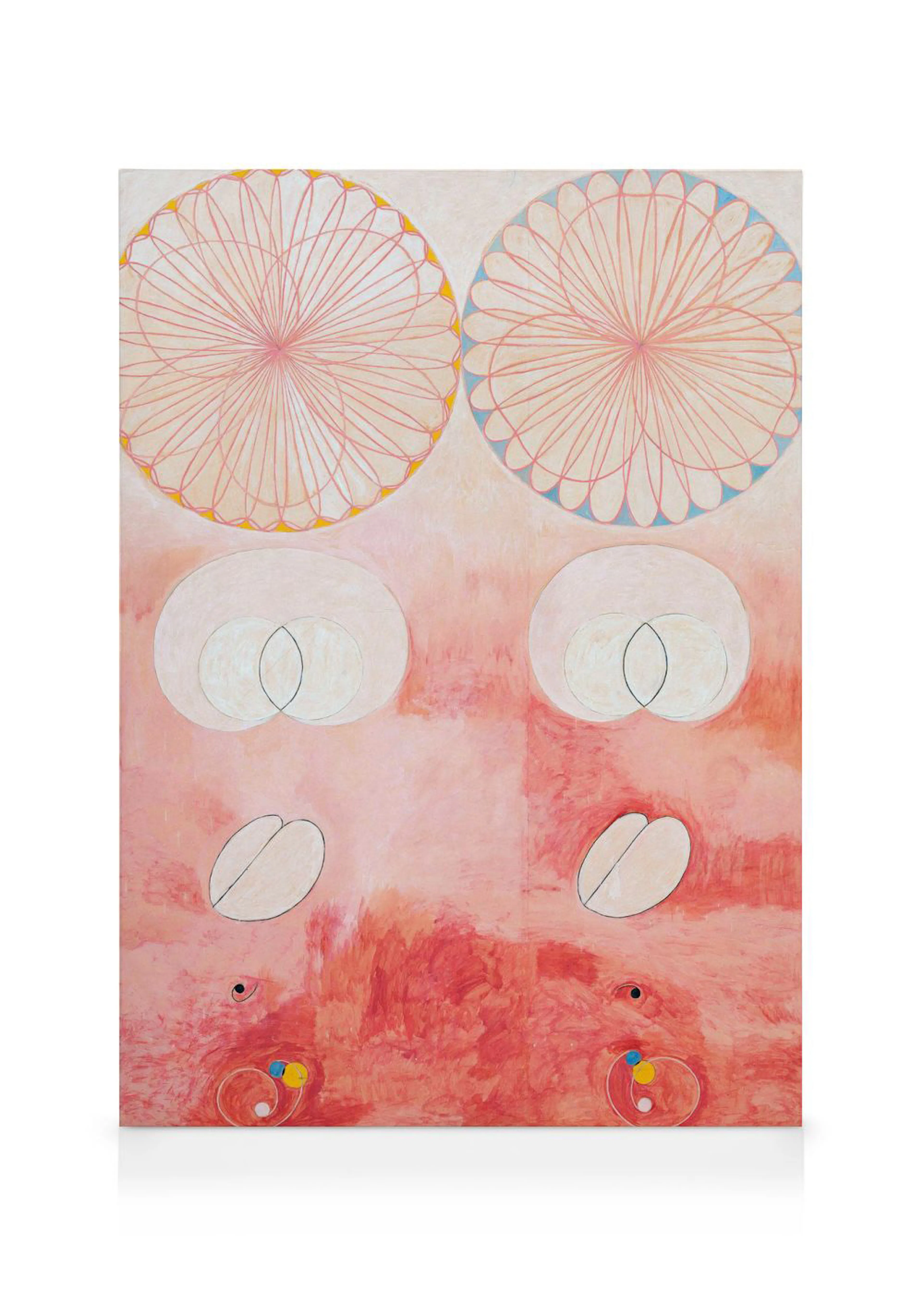 A canvas in red, pink, and white featuring two large mandala-like circles, four smaller circles with interlocking shapes, and fo