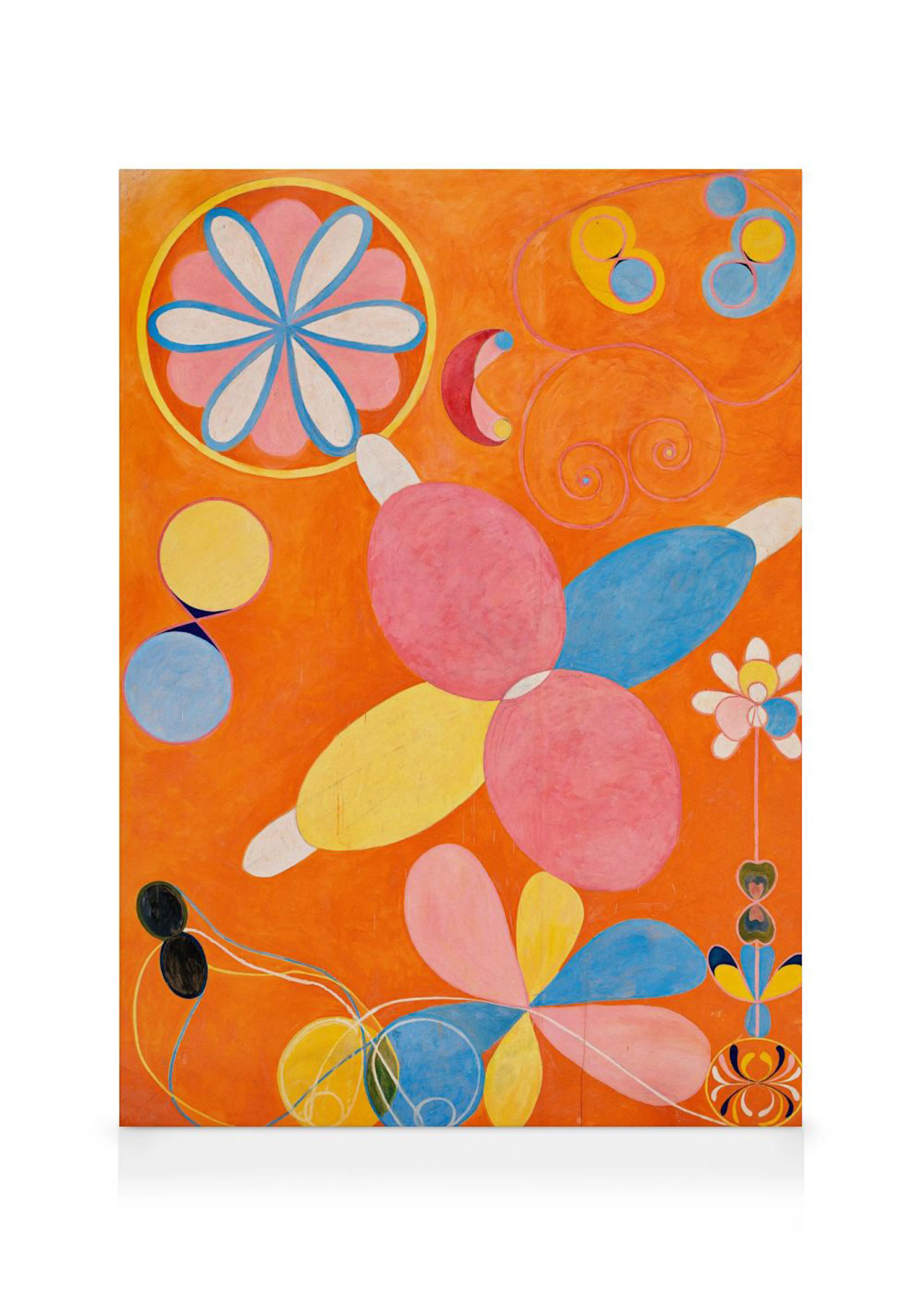 A vibrant orange canvas featuring abstract shapes in pink, yellow, blue, and white, with floral and swirl motifs.