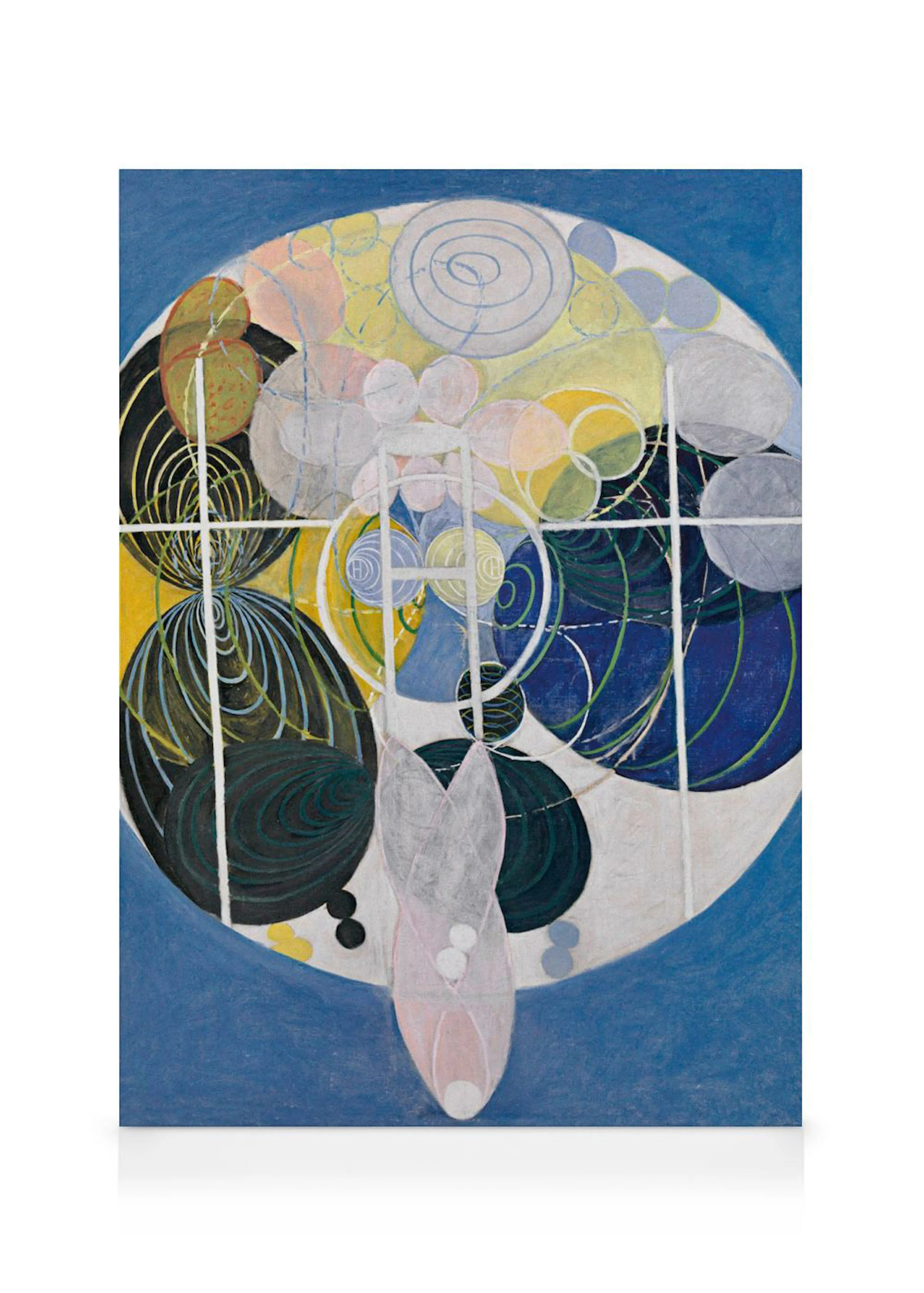 A colorful Hilma af Klint canvas featuring circles, spirals, and abstract shapes in a grid on a blue background.