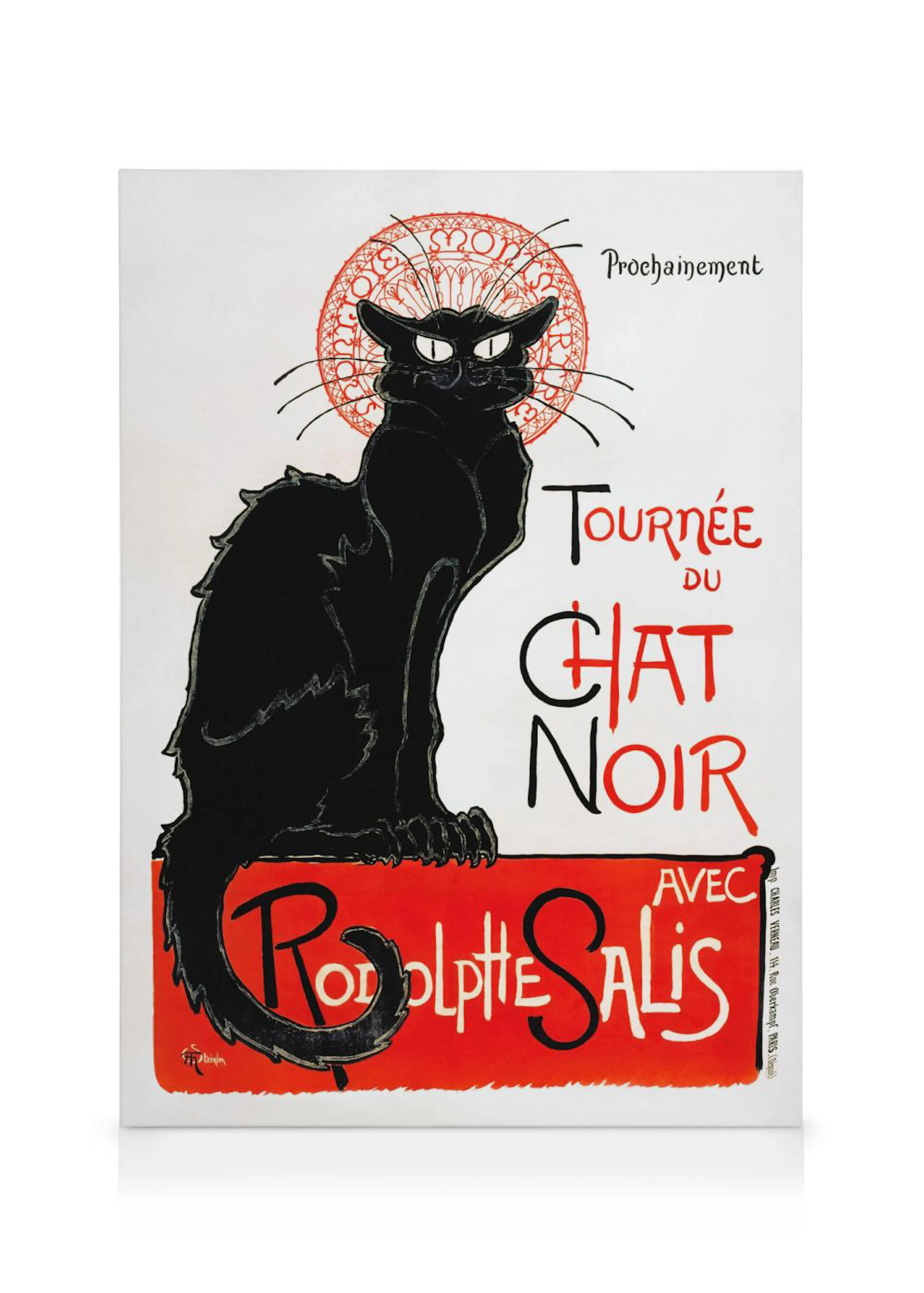 Canvas met de iconische zwarte kat Le Chat Noir van Théophile Steinlen, prominent op een witte achtergrond met rode accenten.