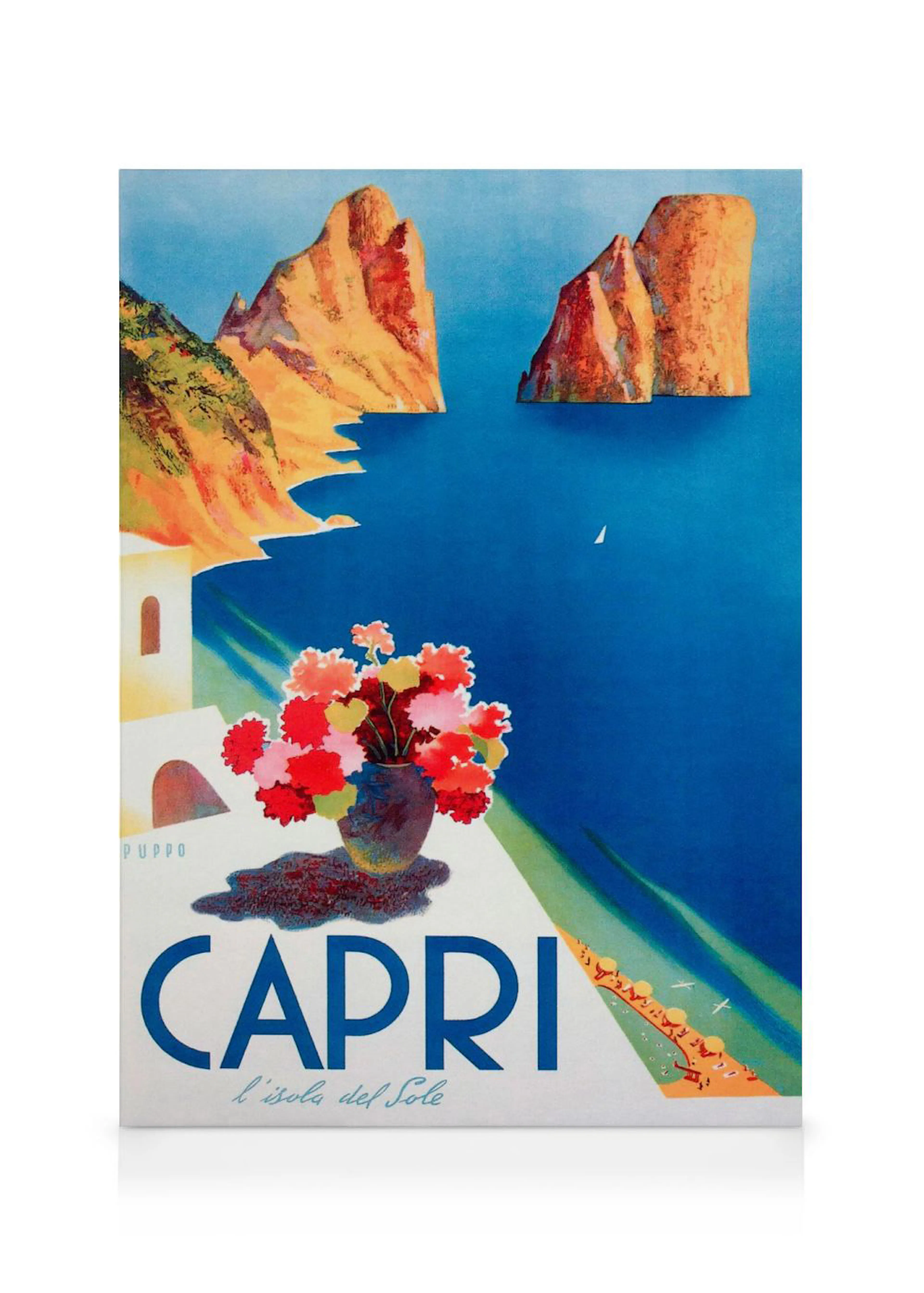 Vibrant Capri travel poster canvas with cliffside buildings, a flower vase, and distant rock formations on the sea.