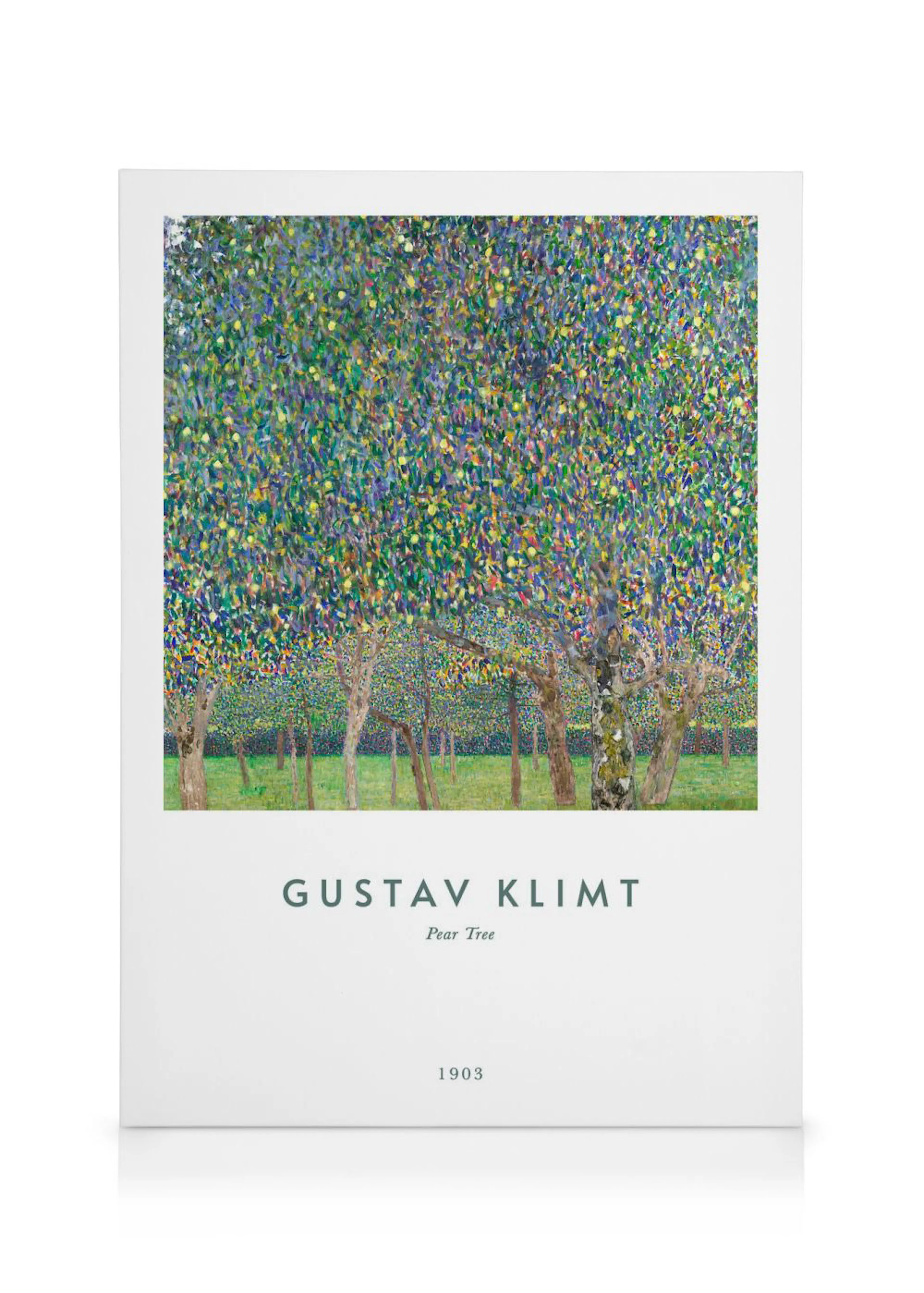 A canvas featuring Gustav Klimts Pear Tree painting, with vibrant green and yellow foliage against a light background.