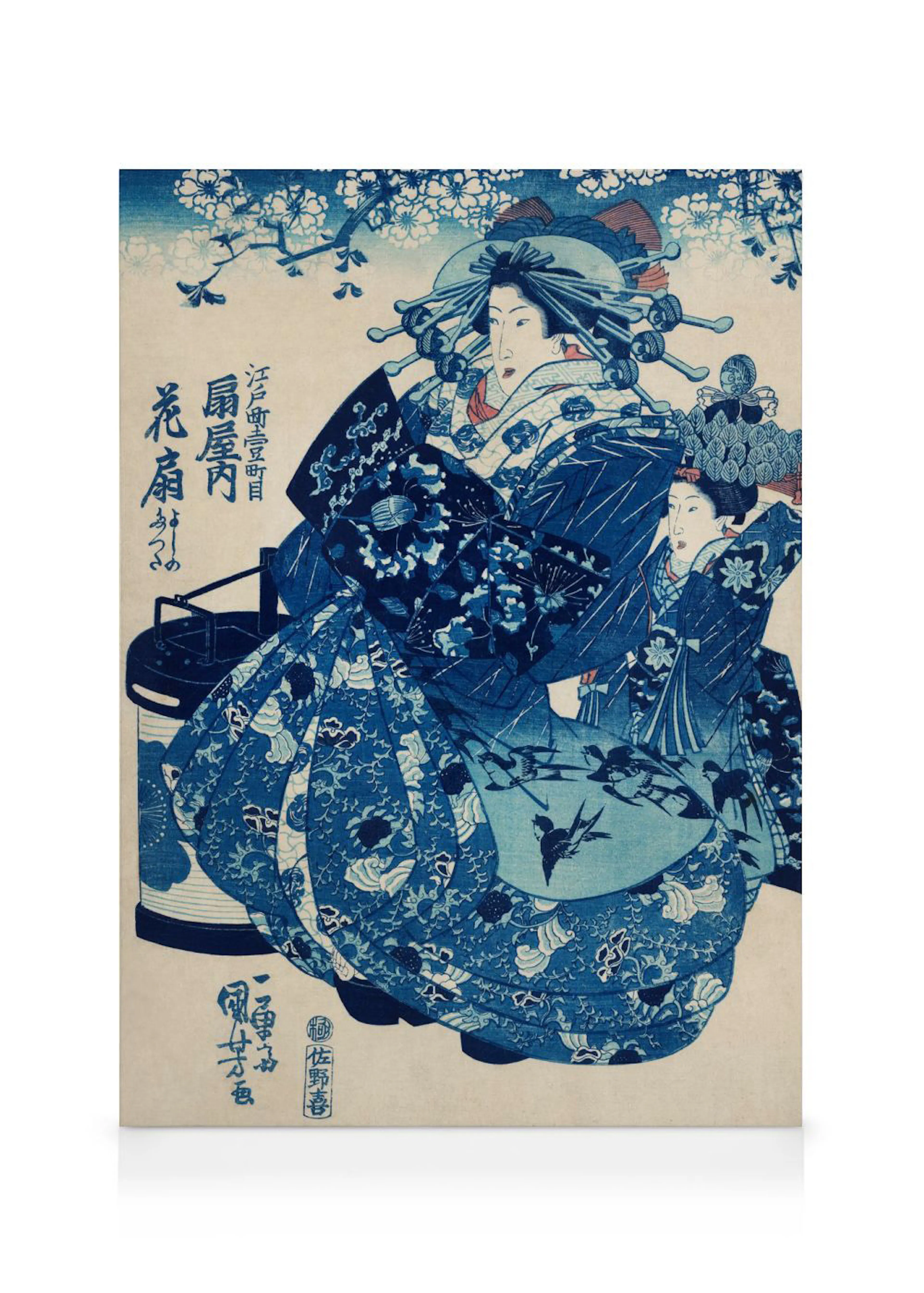 Lienzo japonés ukiyo-e de dos mujeres en kimonos azules con un farol y flores de cerezo.