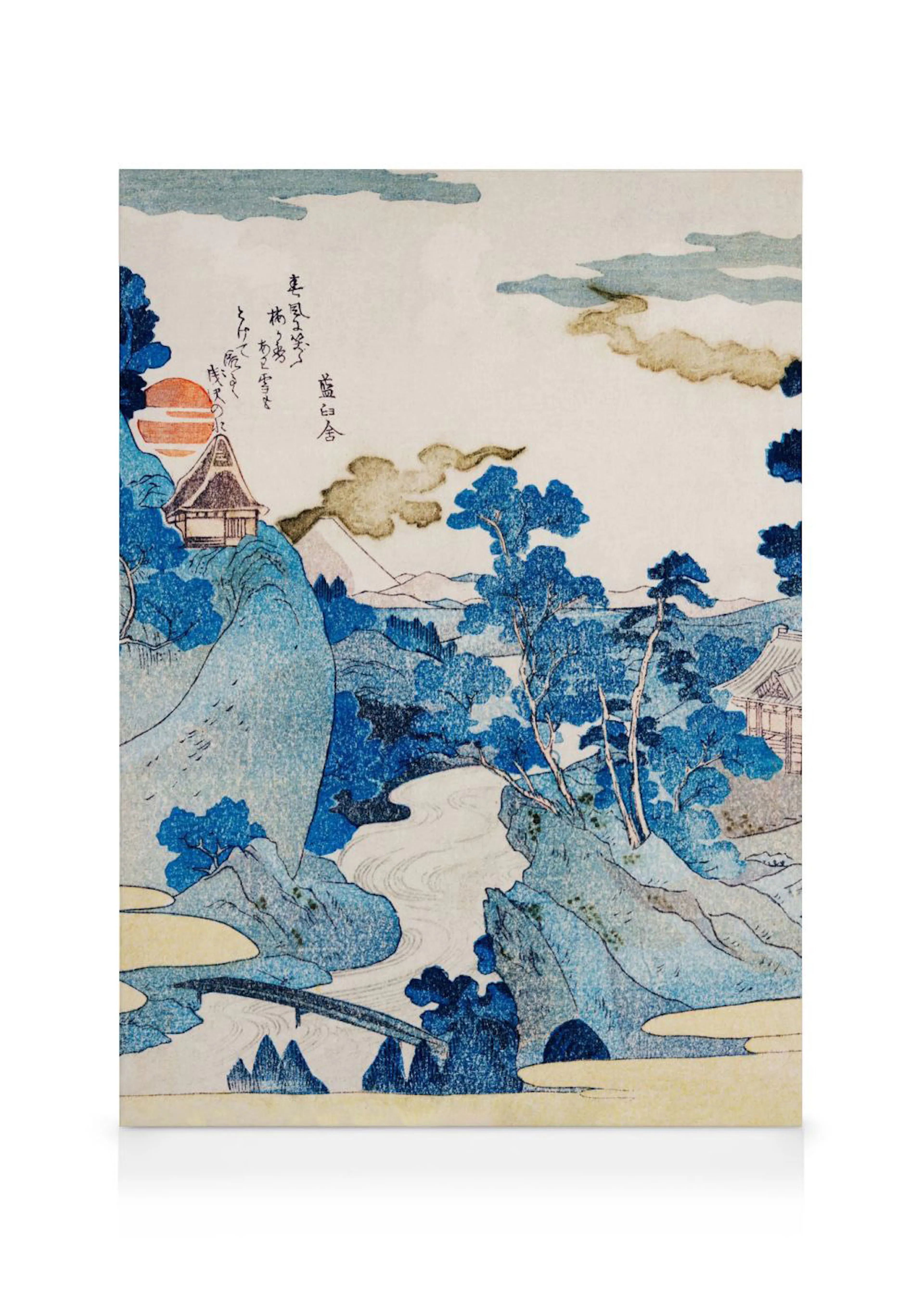 Toile japonaise de style ukiyo-e représentant un paysage montagneux bleu et blanc avec rivière et temple au coucher du soleil.