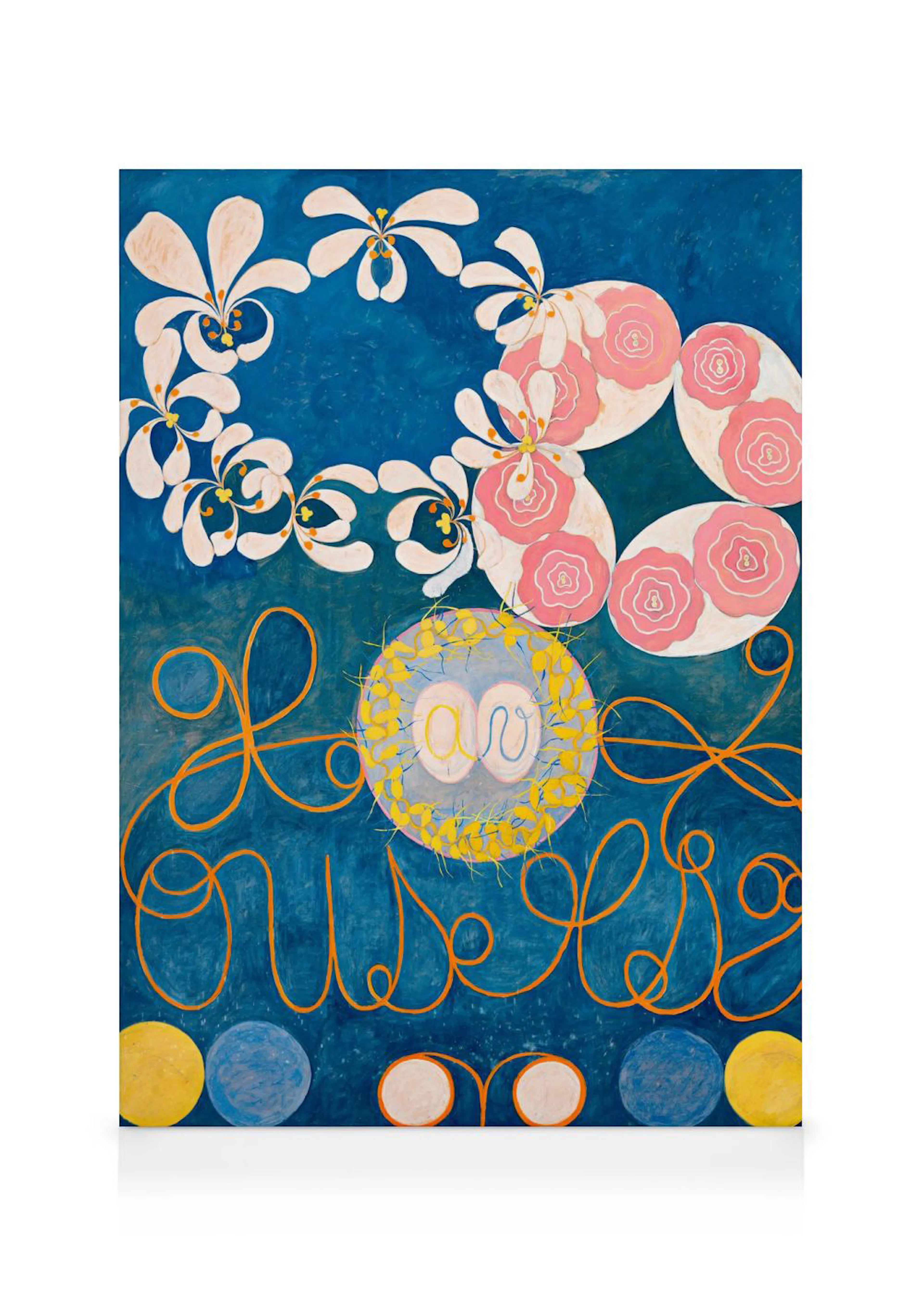 A canvas featuring a deep blue background with white and pink floral patterns, yellow organic lines, and circular shapes.