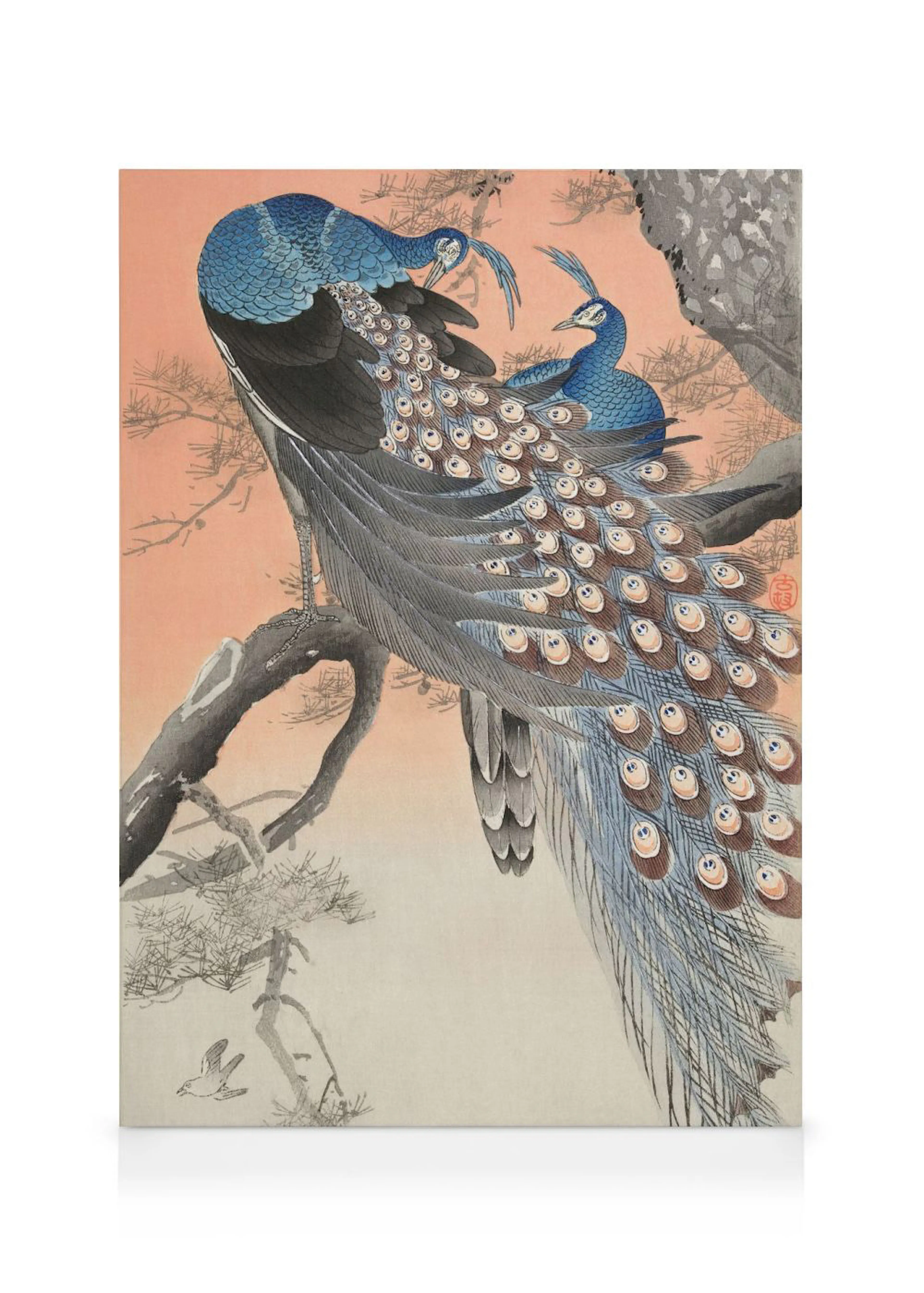 Japanese ukiyo-e canvas of two blue peacocks perched on a tree branch, with an orange sky fading to grey.