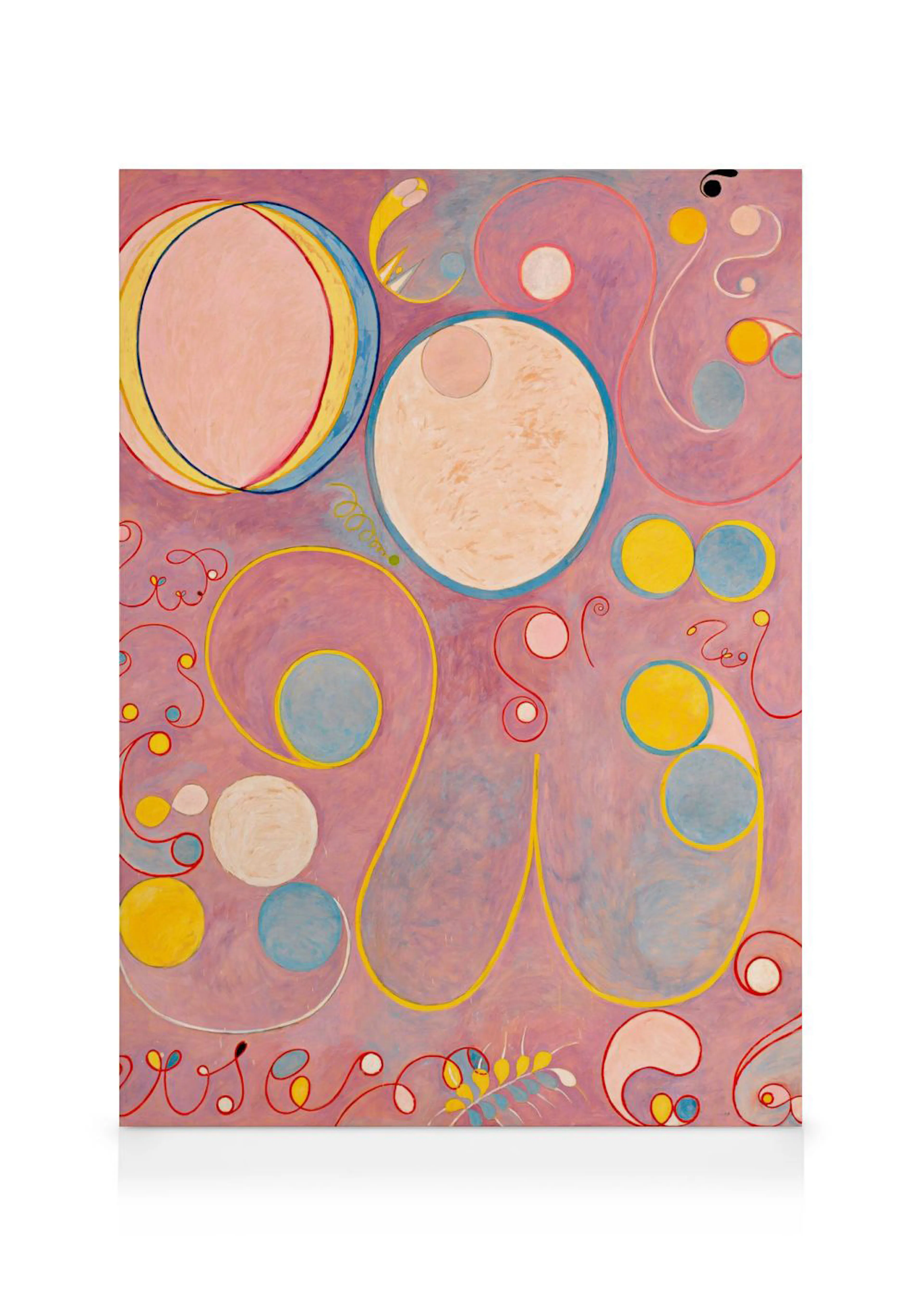 A colorful canvas featuring abstract organic shapes and circles in pink, yellow, blue, and white hues.