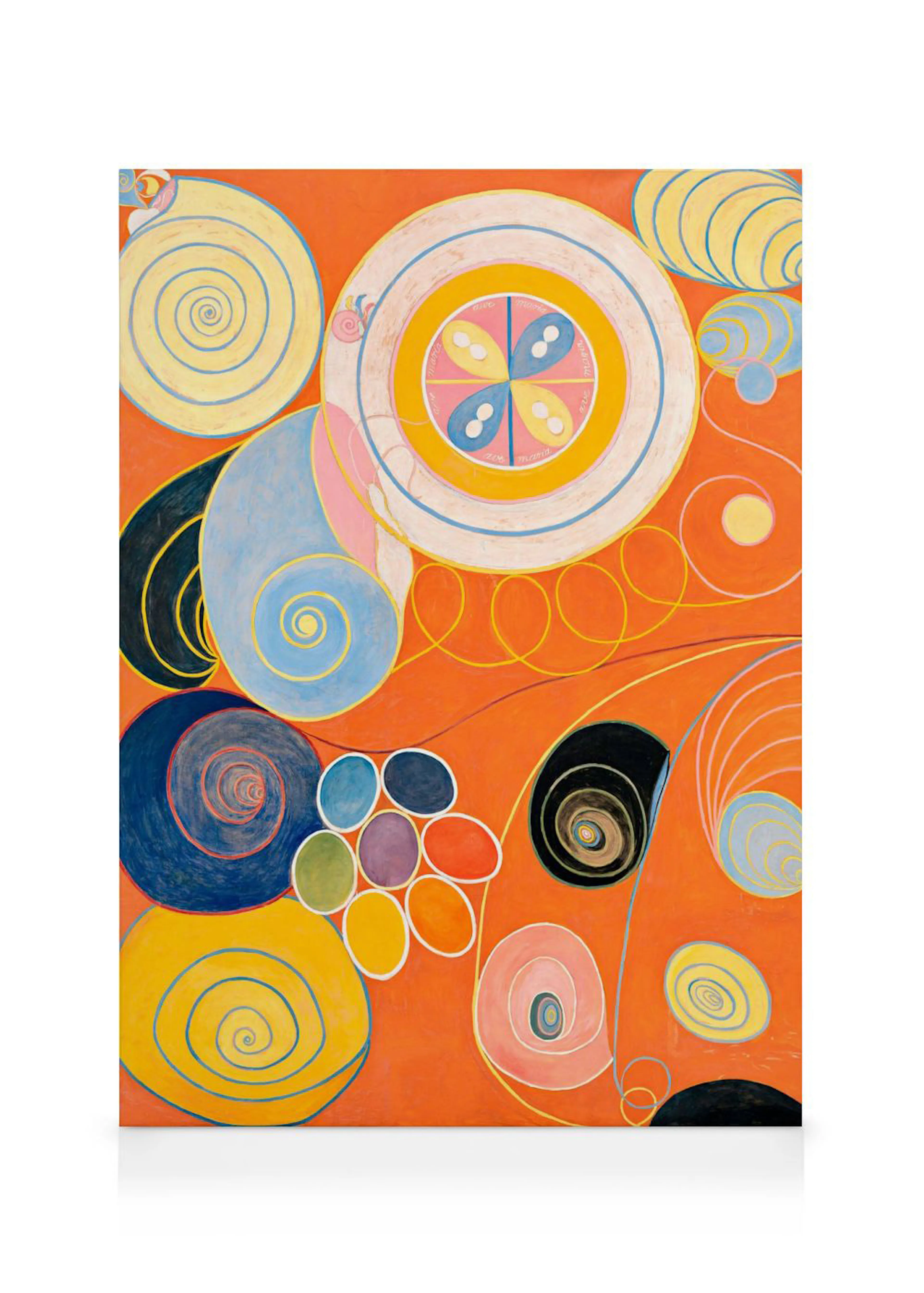 A vibrant canvas with a central circular pattern and various spirals in blue, yellow, and white on an orange background.