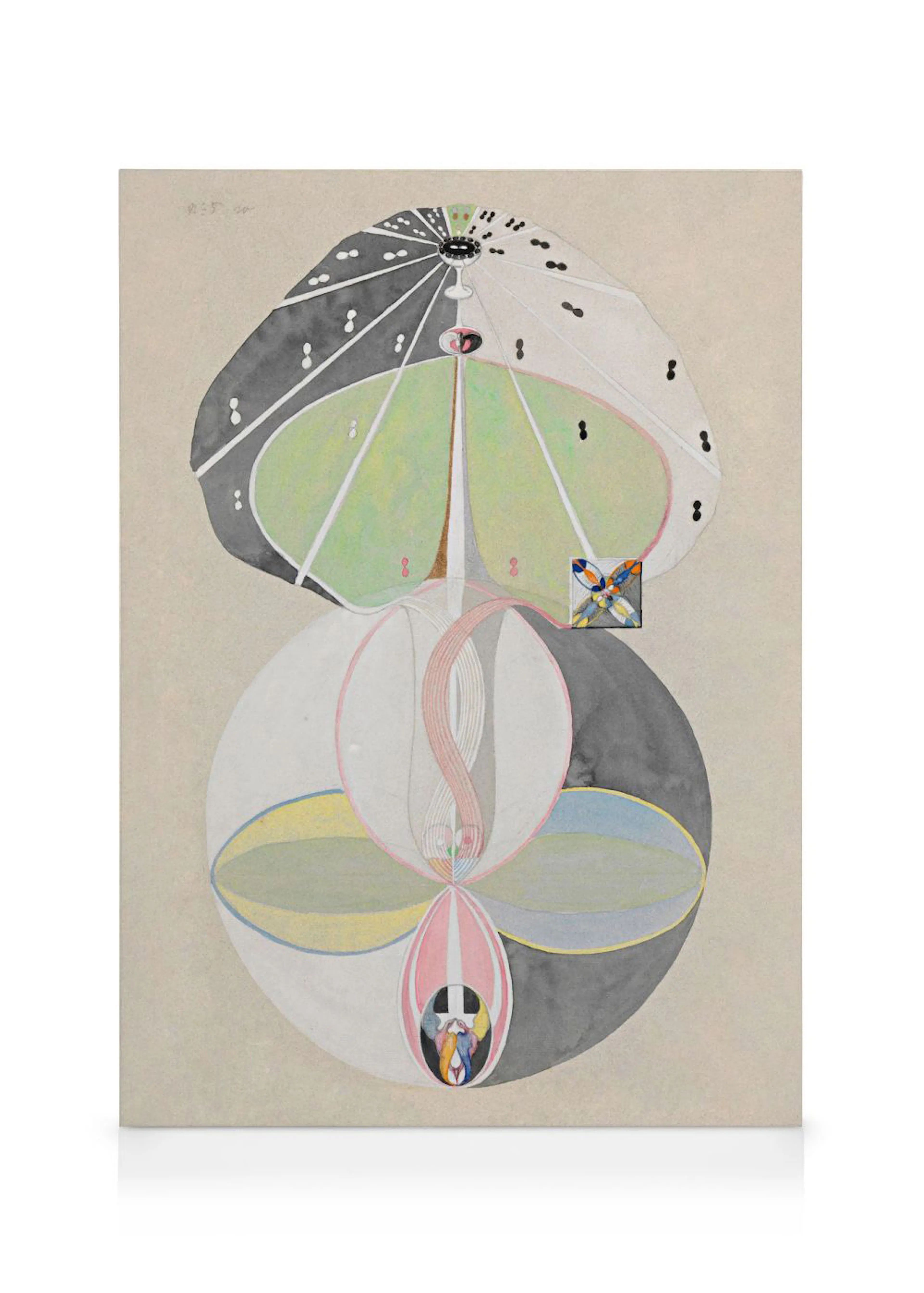 A canvas featuring an abstract composition of spheres with green, pink, and yellow segments on a light background.