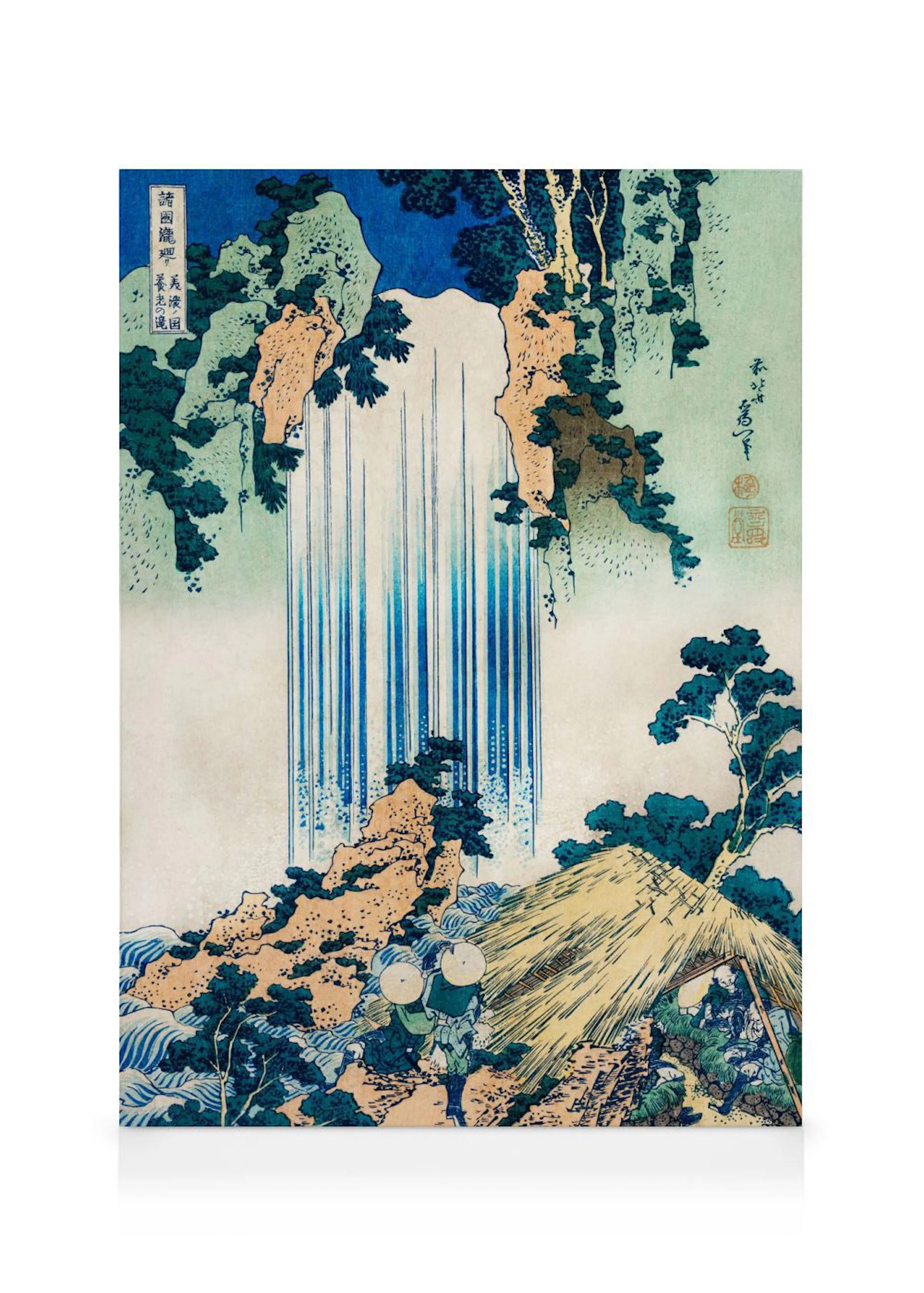 Japanese ukiyo-e woodblock print canvas of a blue waterfall cascading down a cliff with figures in the foreground.