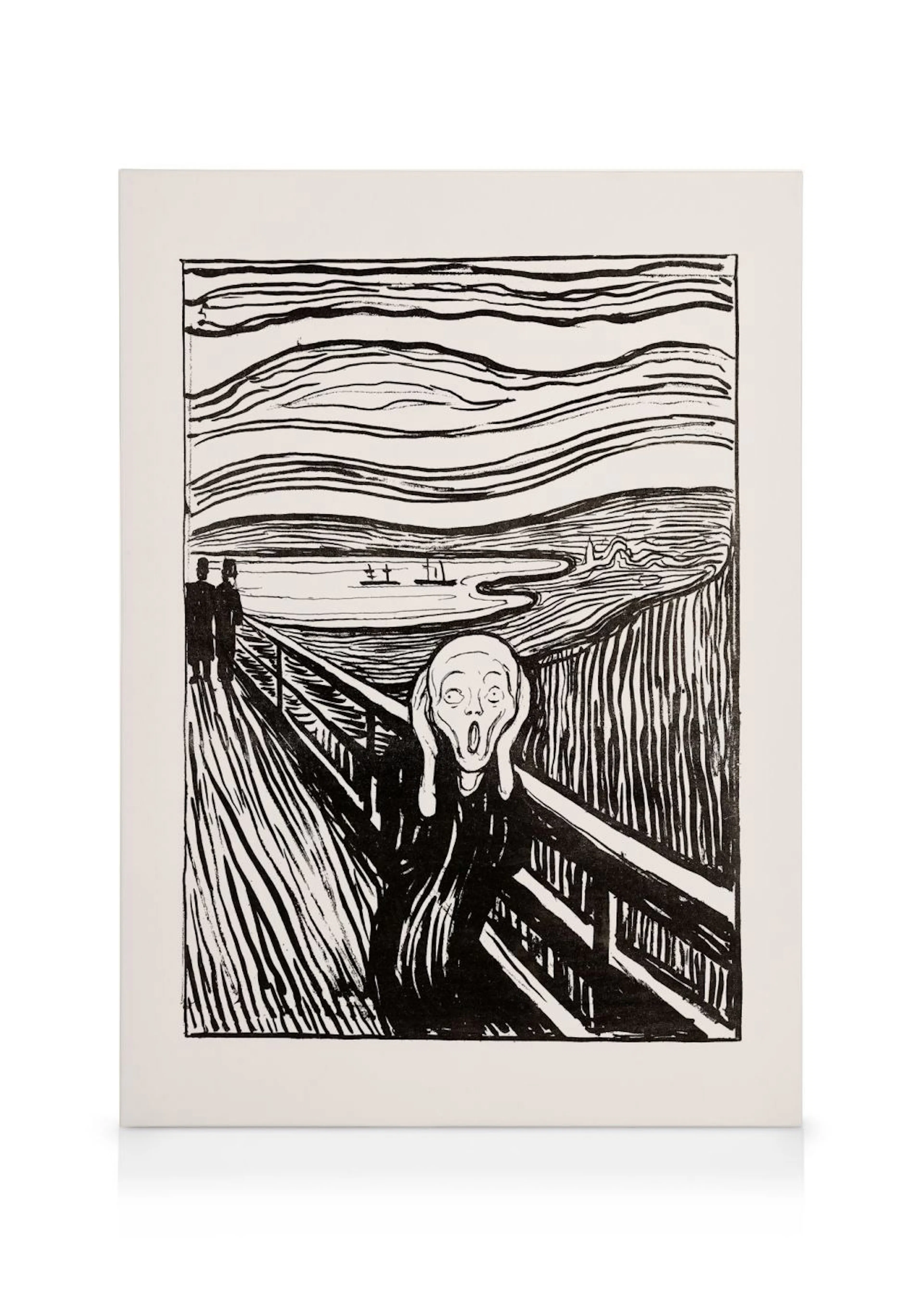 Toile représentant le tableau Le Cri de Munch en noir et blanc, avec une figure effrayée et des lignes ondulantes.