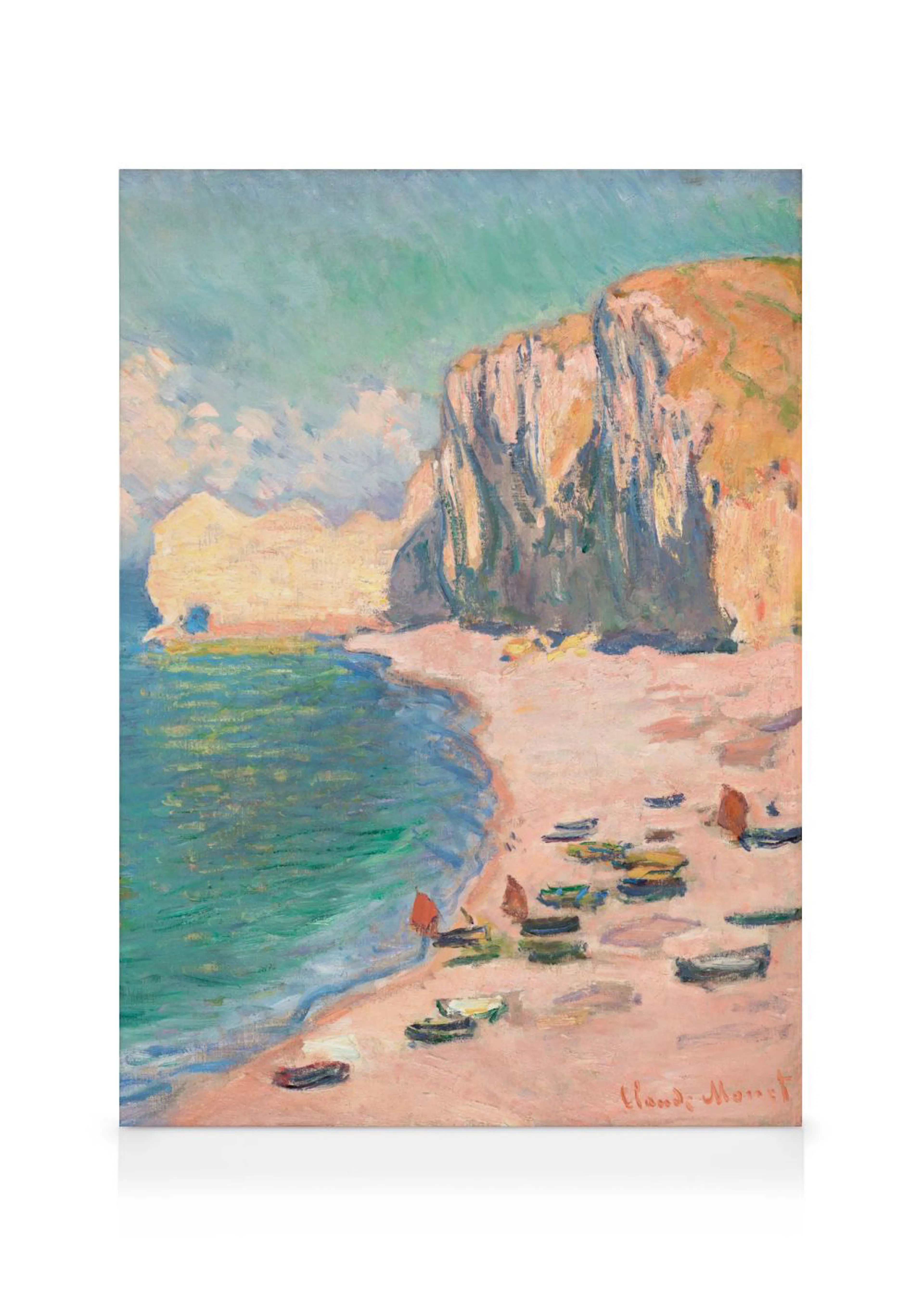 A canvas of a beach scene with green water, sandy shore, cliffs, and small boats on the sand.