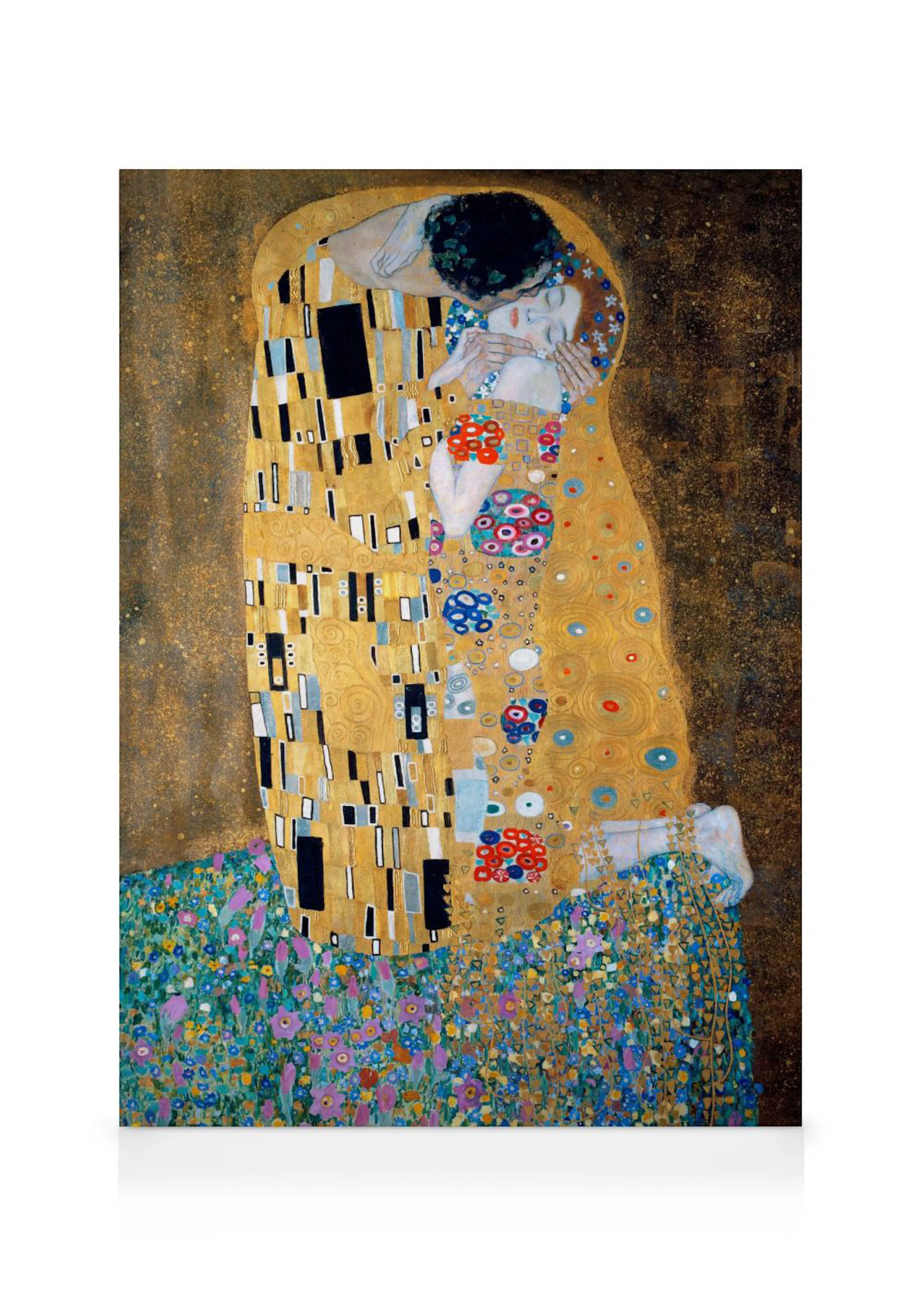 A canvas of Klimts The Kiss, showing a couple embracing in golden, patterned robes, surrounded by a field of flowers.