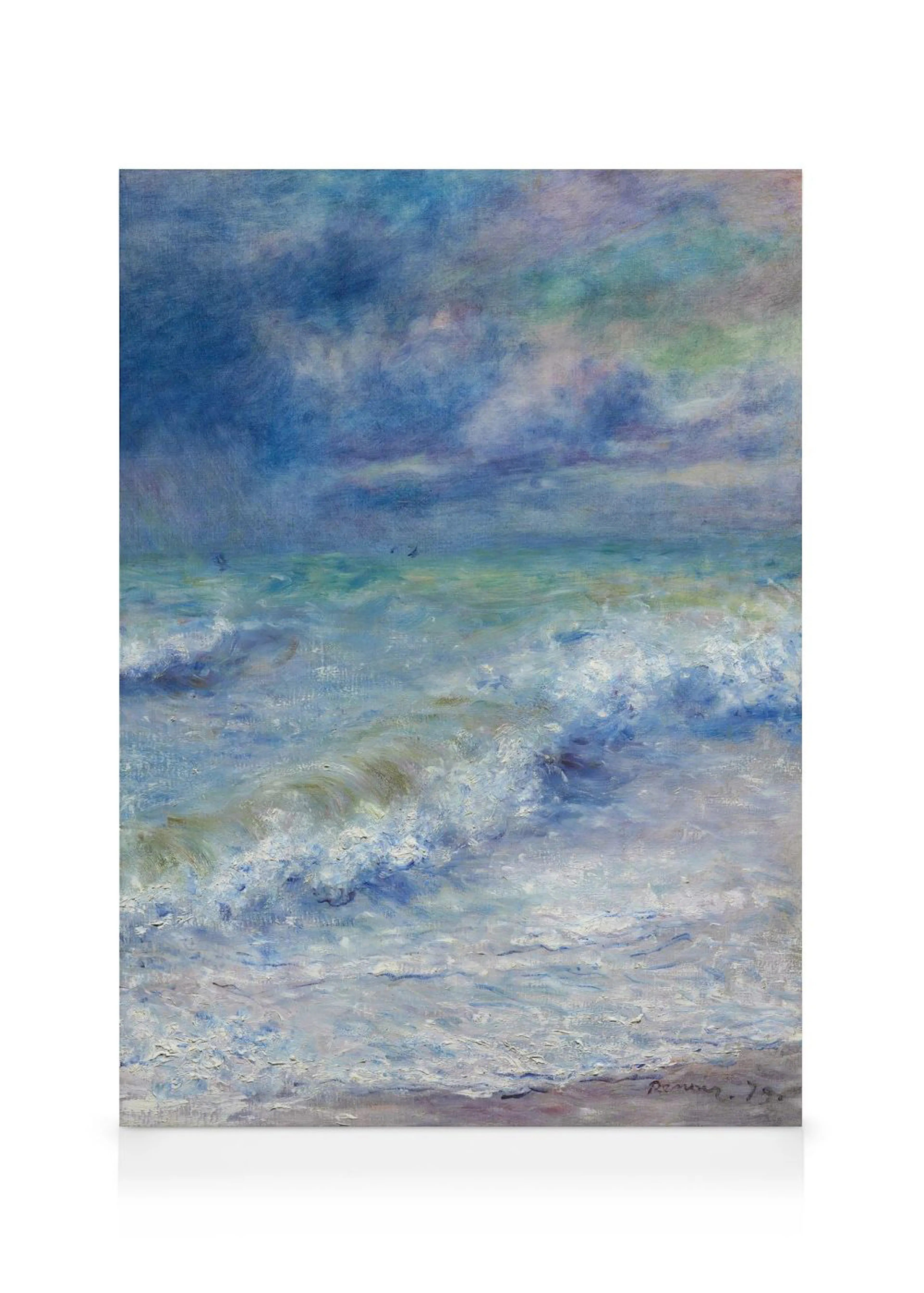 Toile de la mer agitée sous un ciel orageux avec des teintes de bleu, vert et marron.