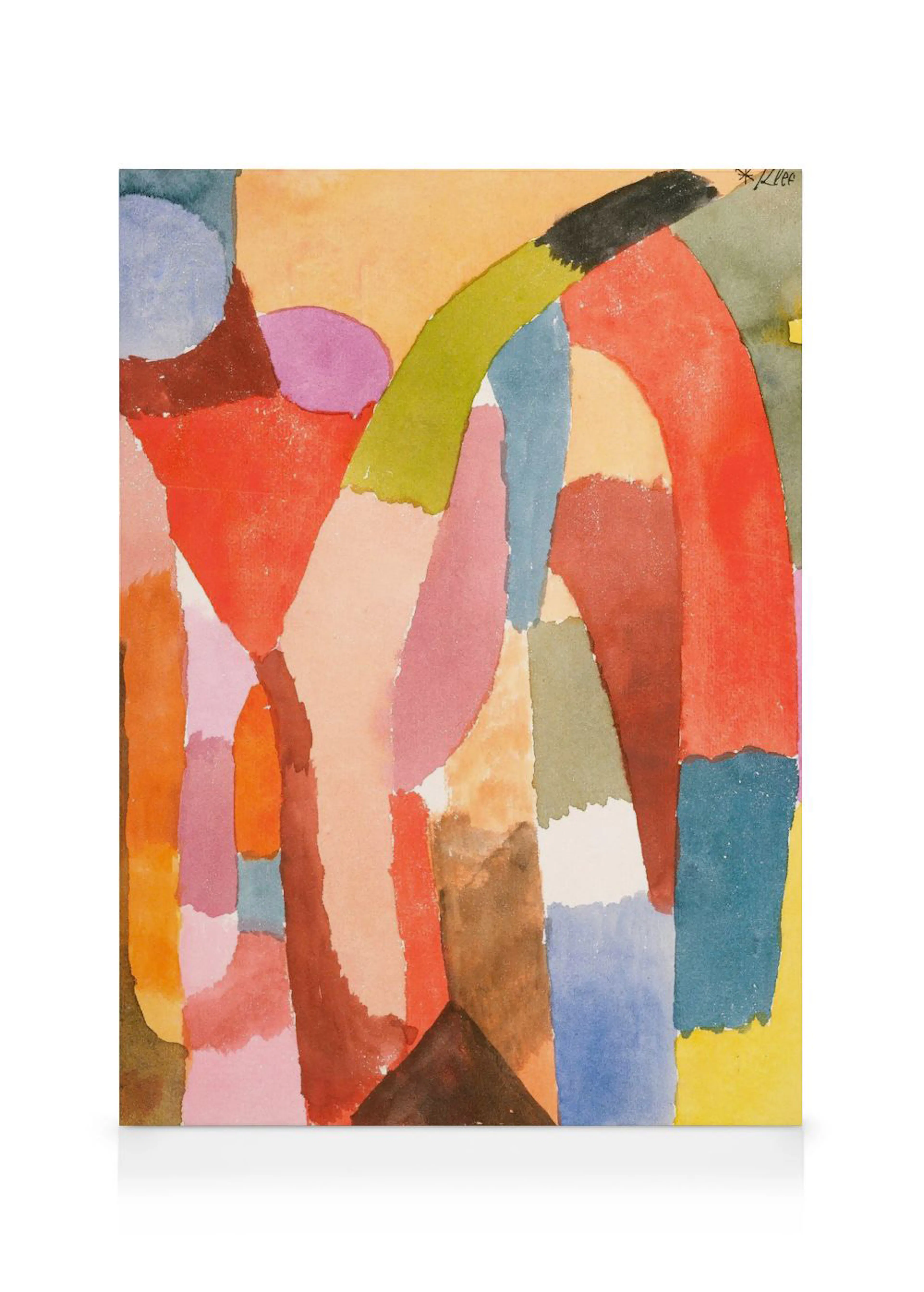A vibrant abstract canvas with overlapping organic shapes in reds, blues, greens, and ochres.