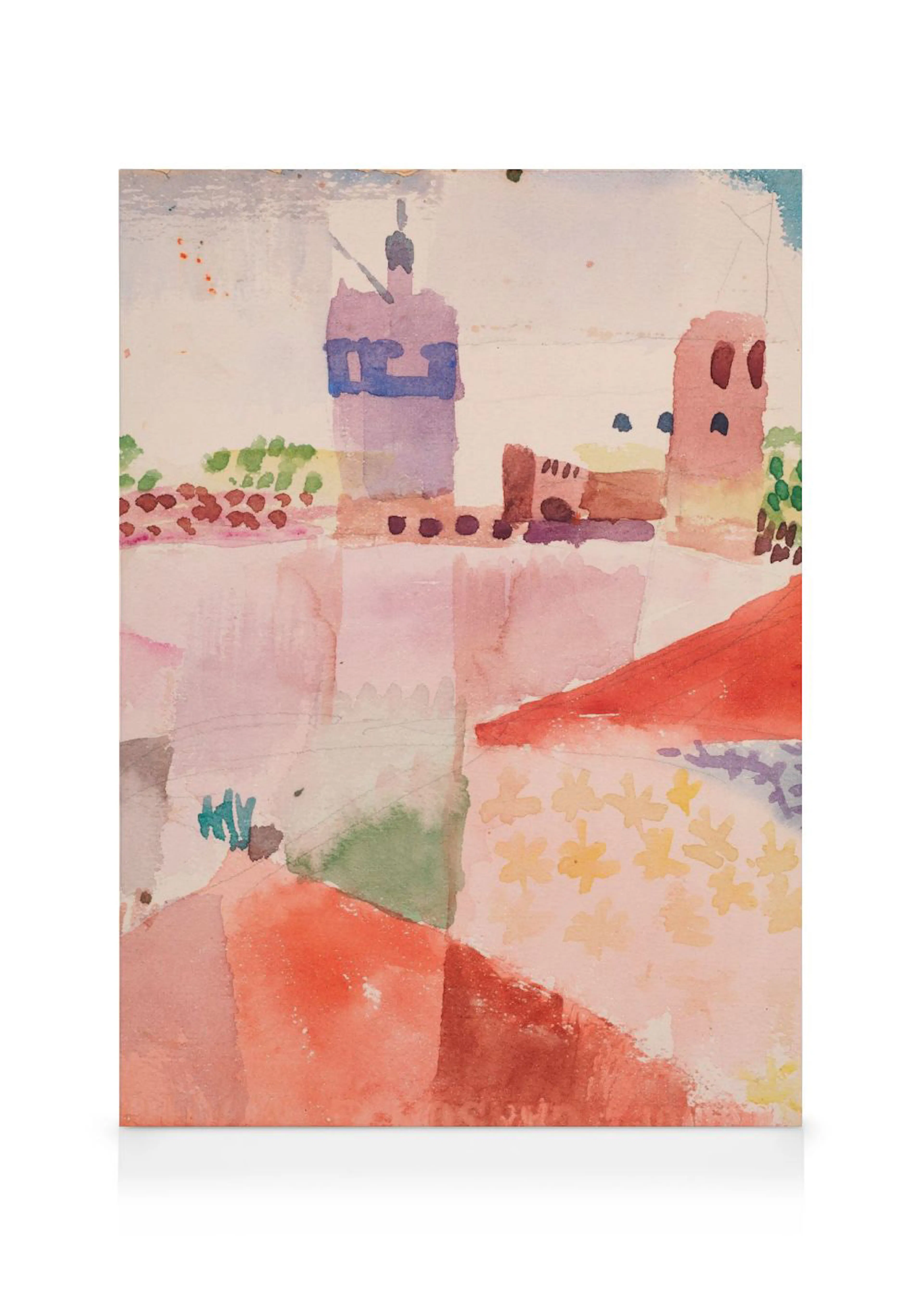 Stampa su tela di un paesaggio urbano astratto con edifici stilizzati in tonalità di rosa, arancione e viola.