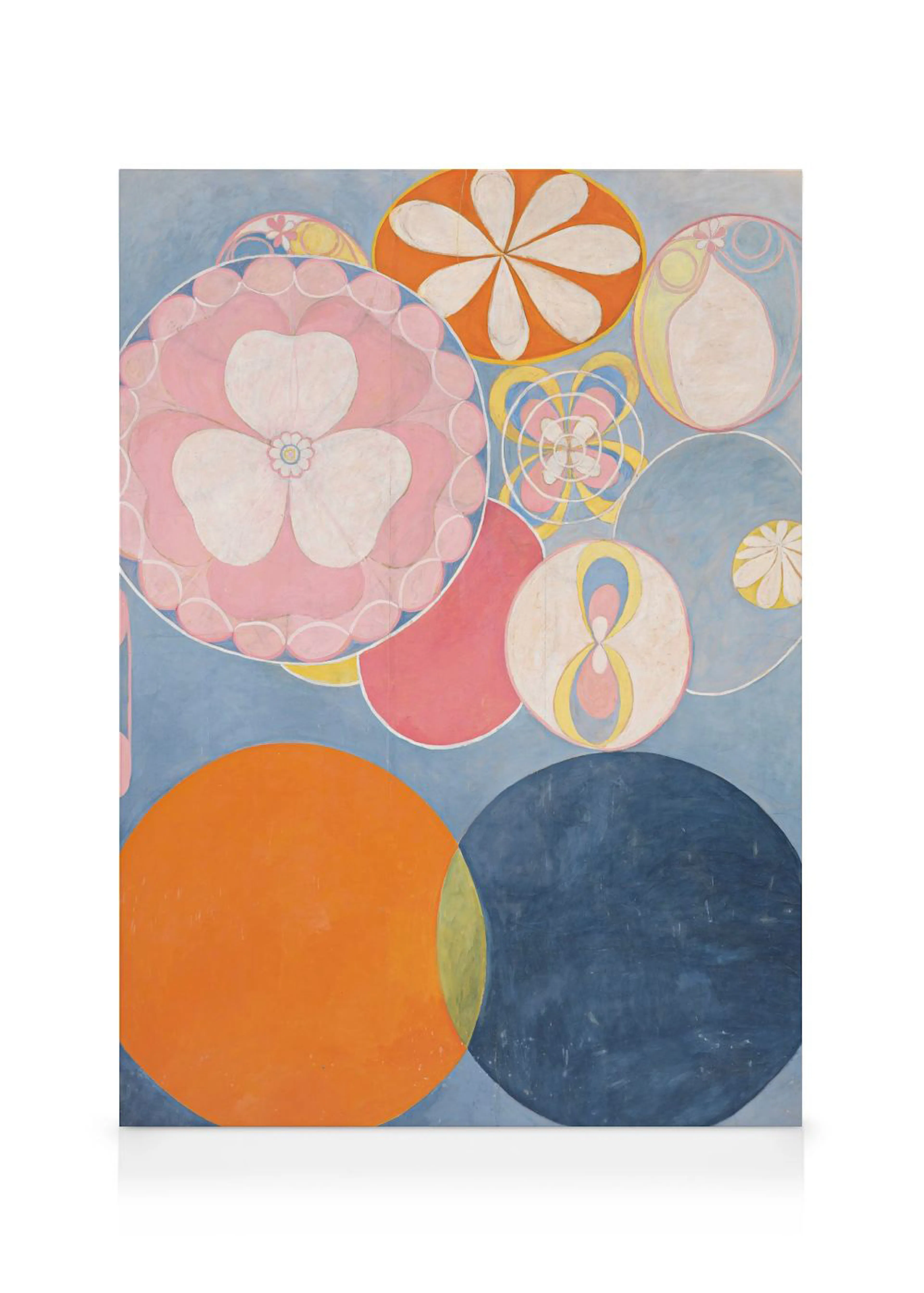 A canvas featuring a blue background with colorful abstract circles, including large orange and dark blue shapes, and detailed p