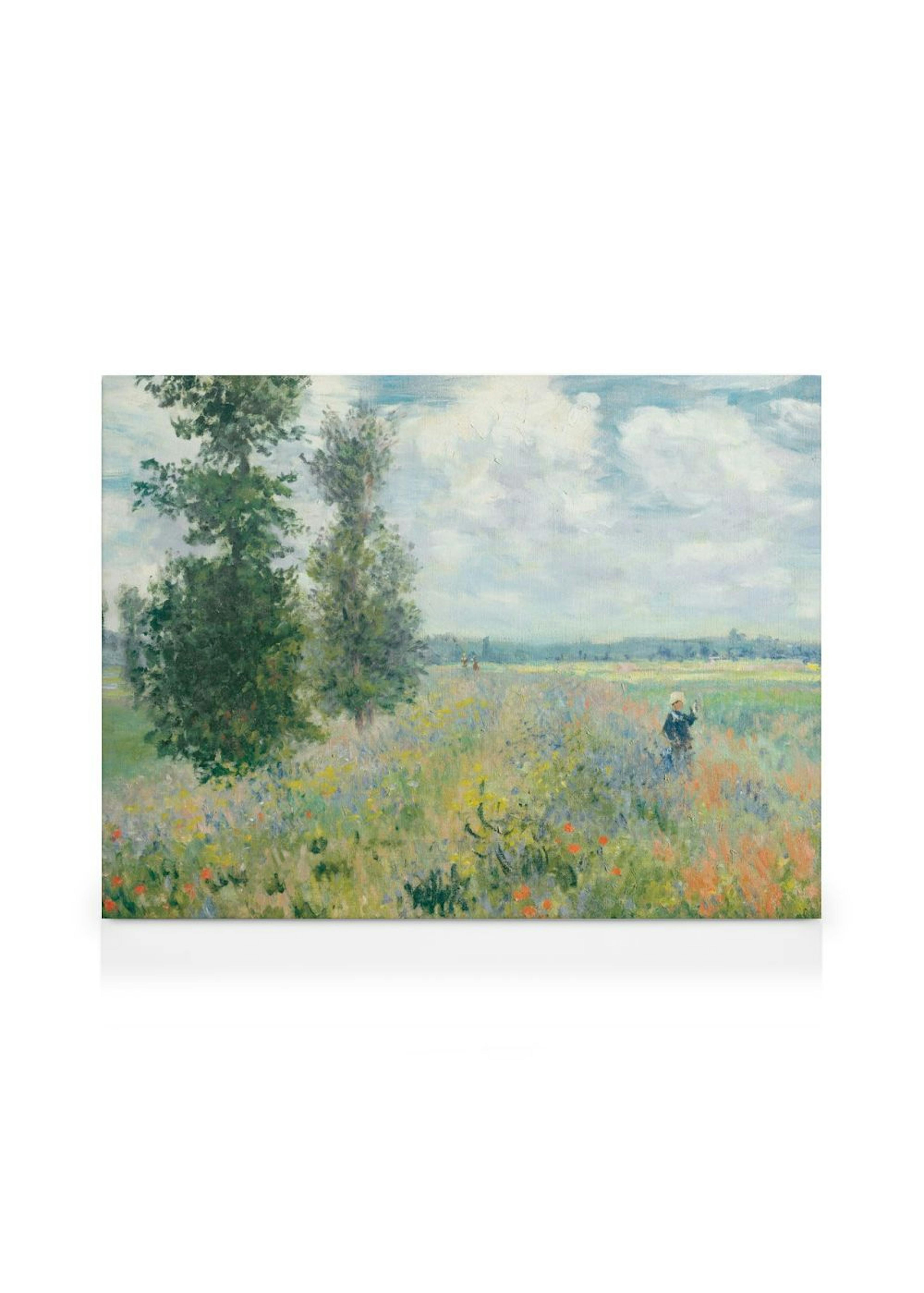 Impressionist painting of a field with colorful flowers, two trees, a person, and a light sky, hanging in a bright room.