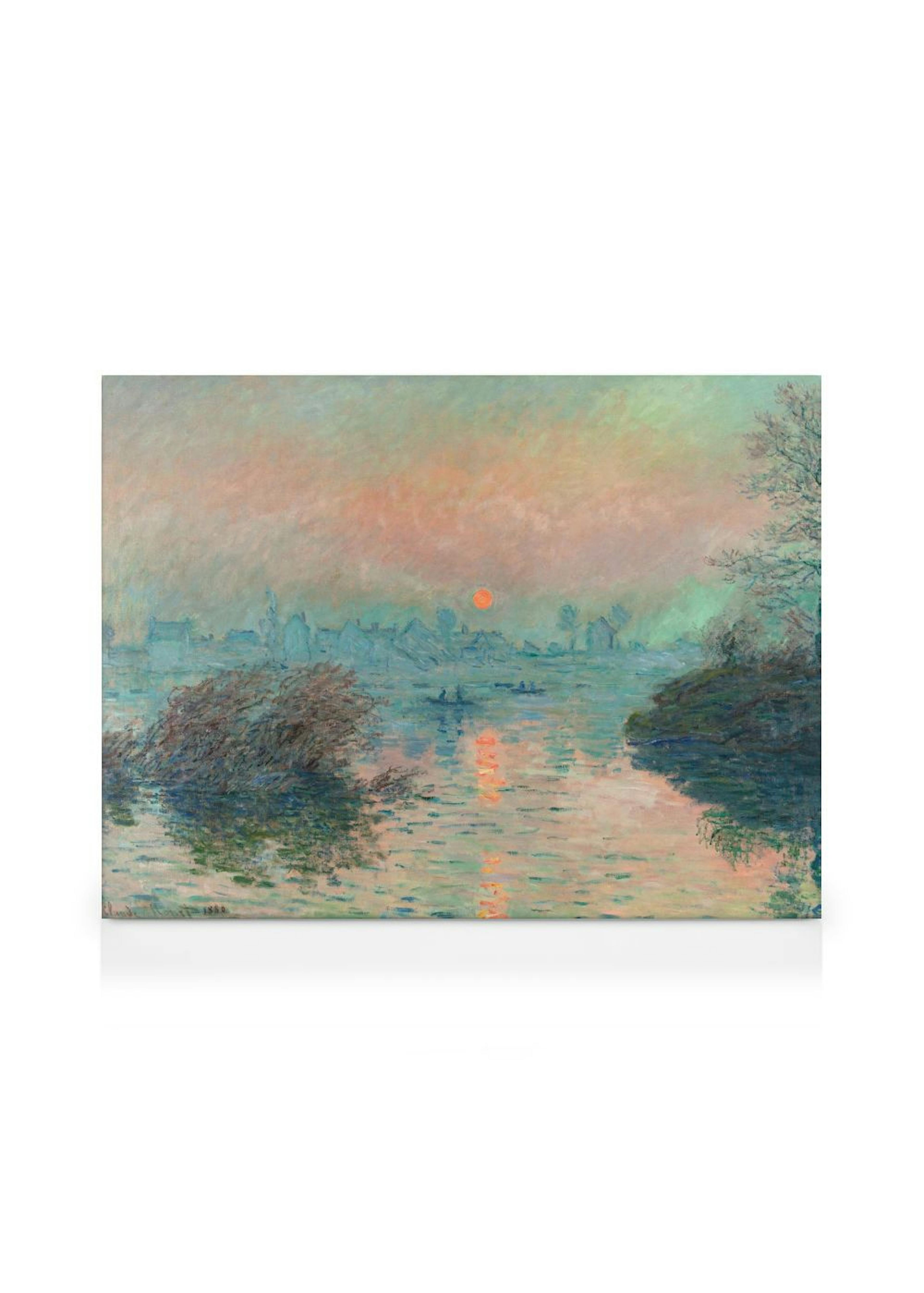 Kanvaasi, jossa impressionistinen maalaus auringonlaskusta joen yllä, oranssi aurinko heijastuu veteen.