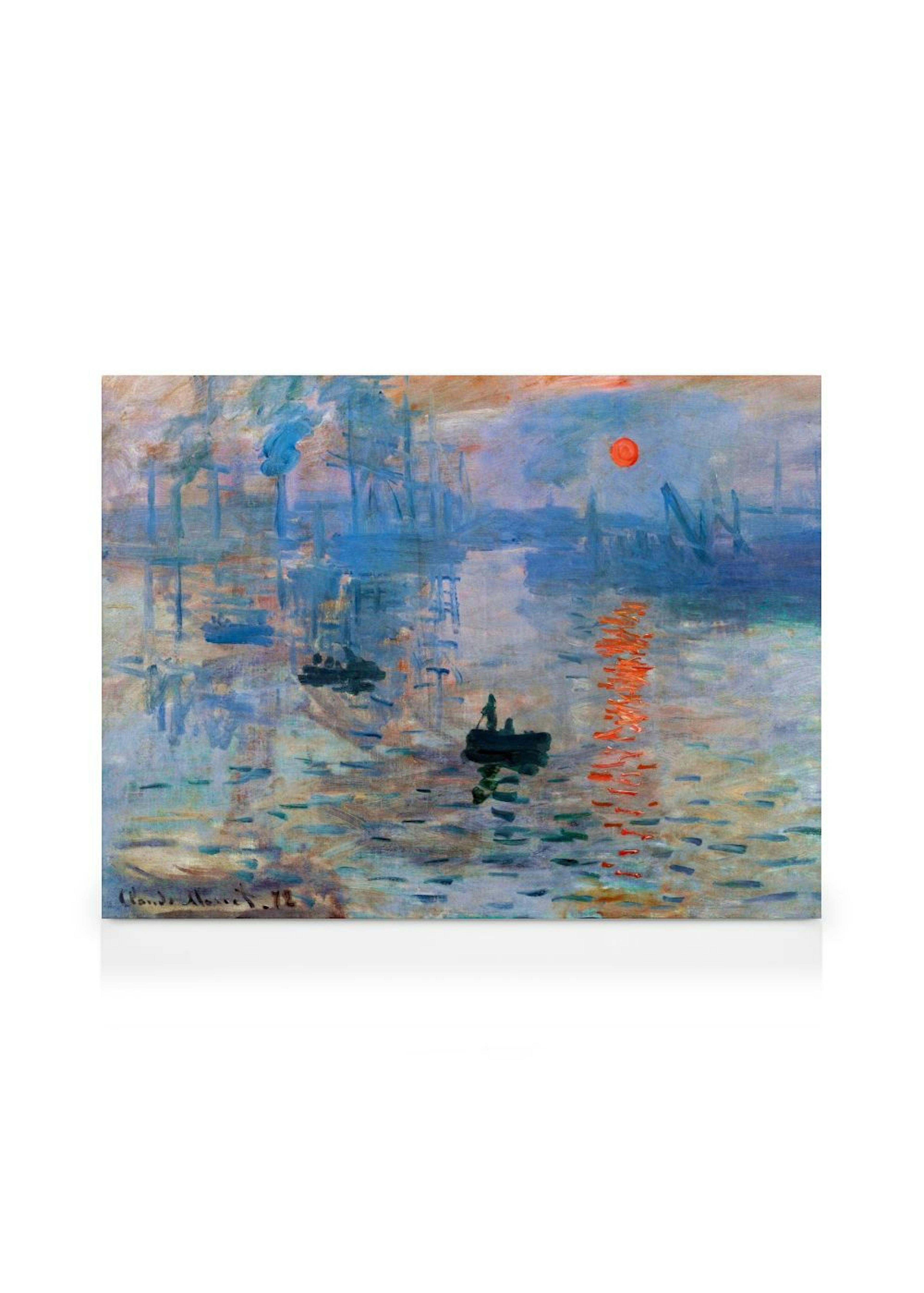 Kanvaasi esittää impressionistista merinäköalaa, jossa oranssi aurinko heijastuu veteen ja tummat veneet kelluvat sumuisella sat