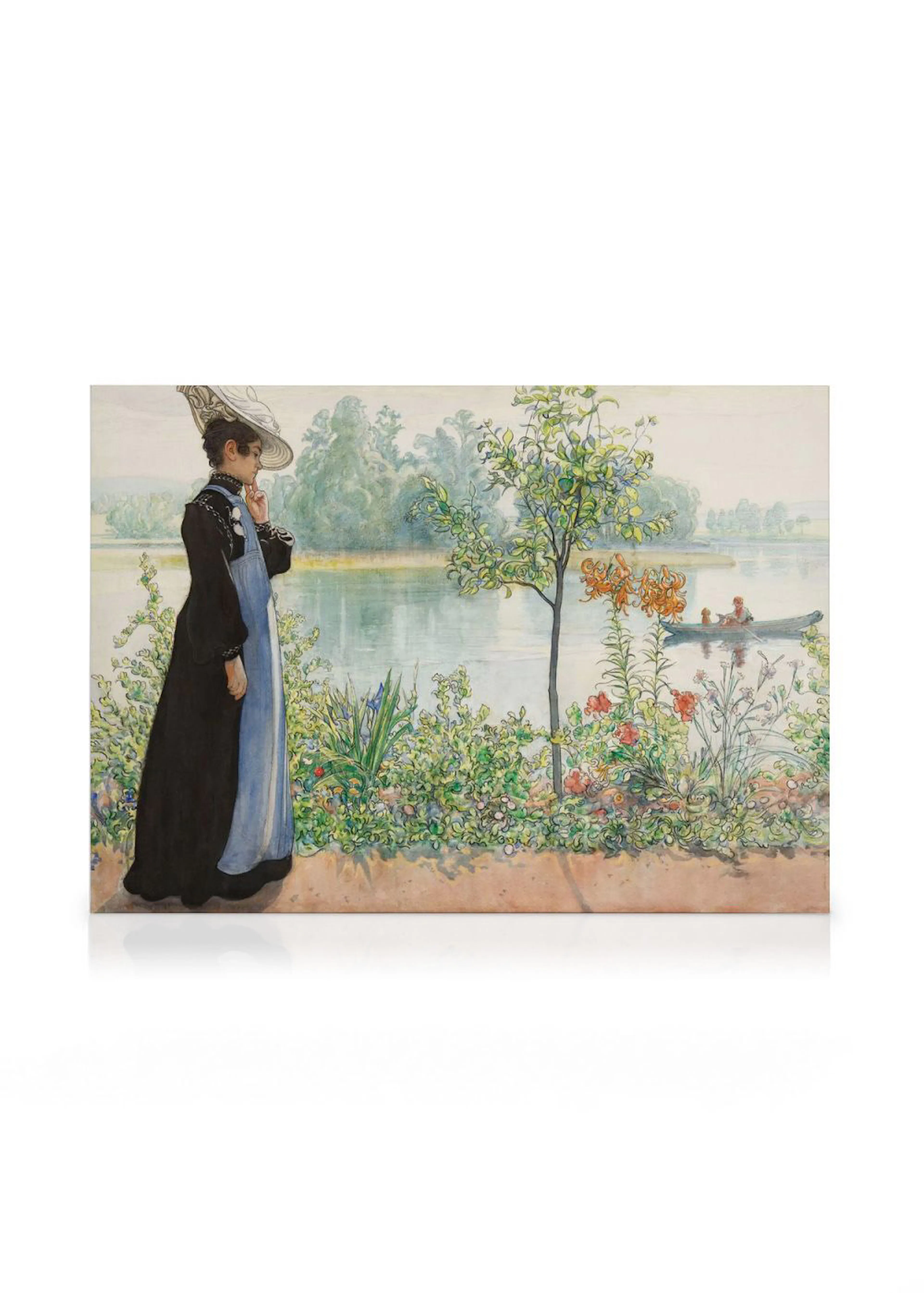 A canvas of a woman in a black dress and white hat gazing at a lake with a boat and lush gardens.
