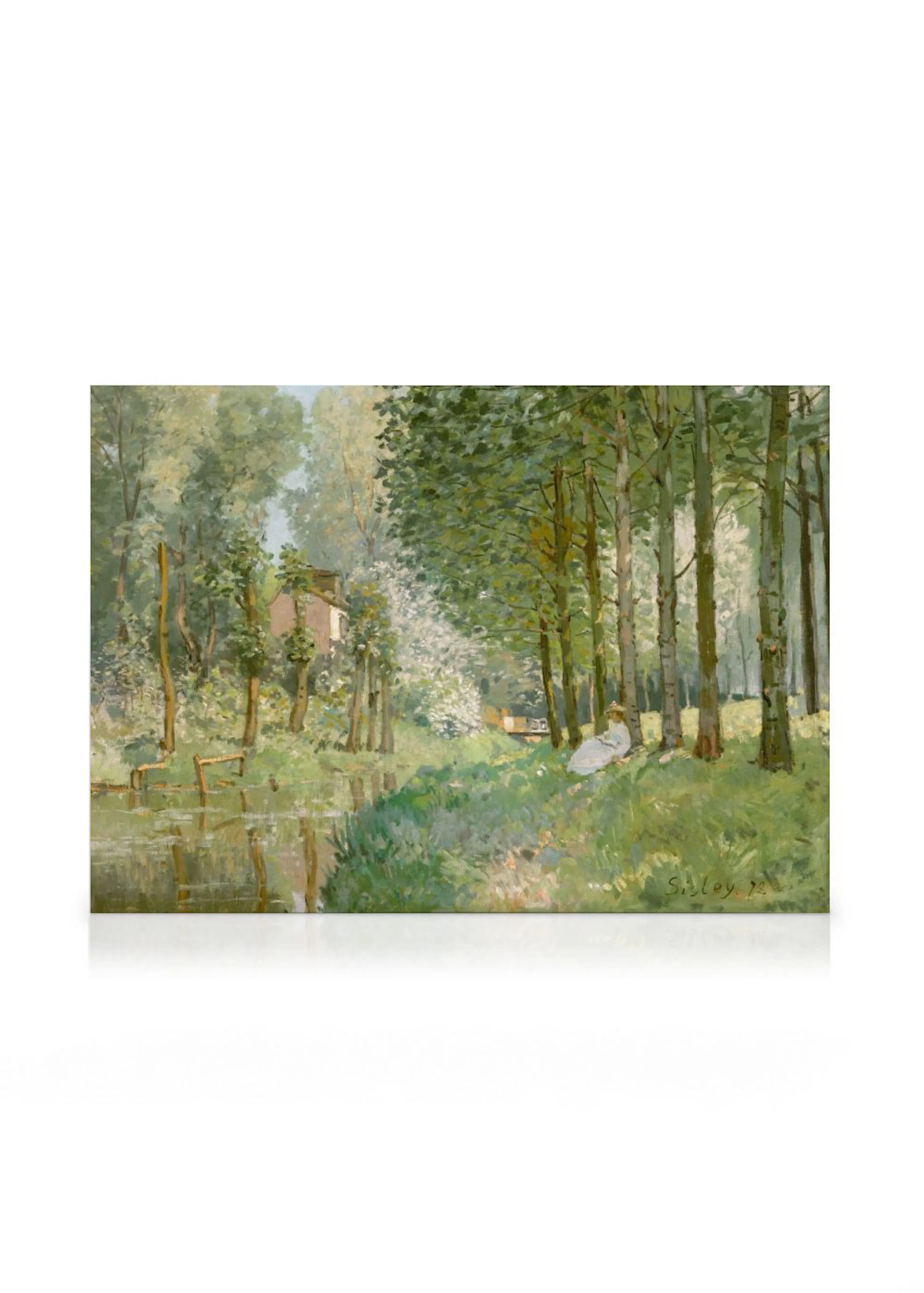 Leinwandbild eines impressionistischen Gemäldes mit einem Fluss, Bäumen, einem Haus und einer sitzenden Person.