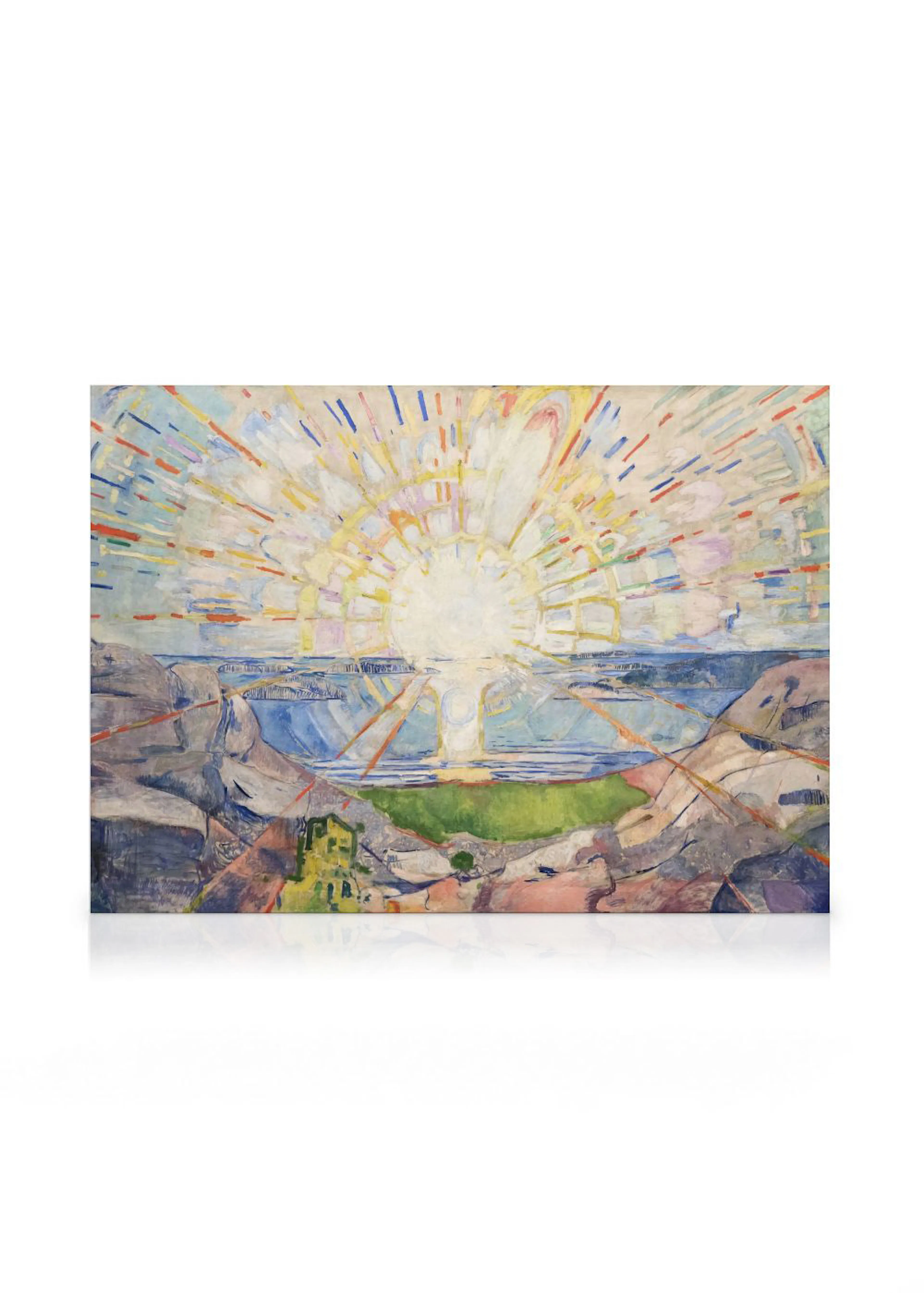 Toile Le Soleil, dEdvard Munch, avec un soleil éclatant au-dessus dun paysage côtier coloré et abstrait.