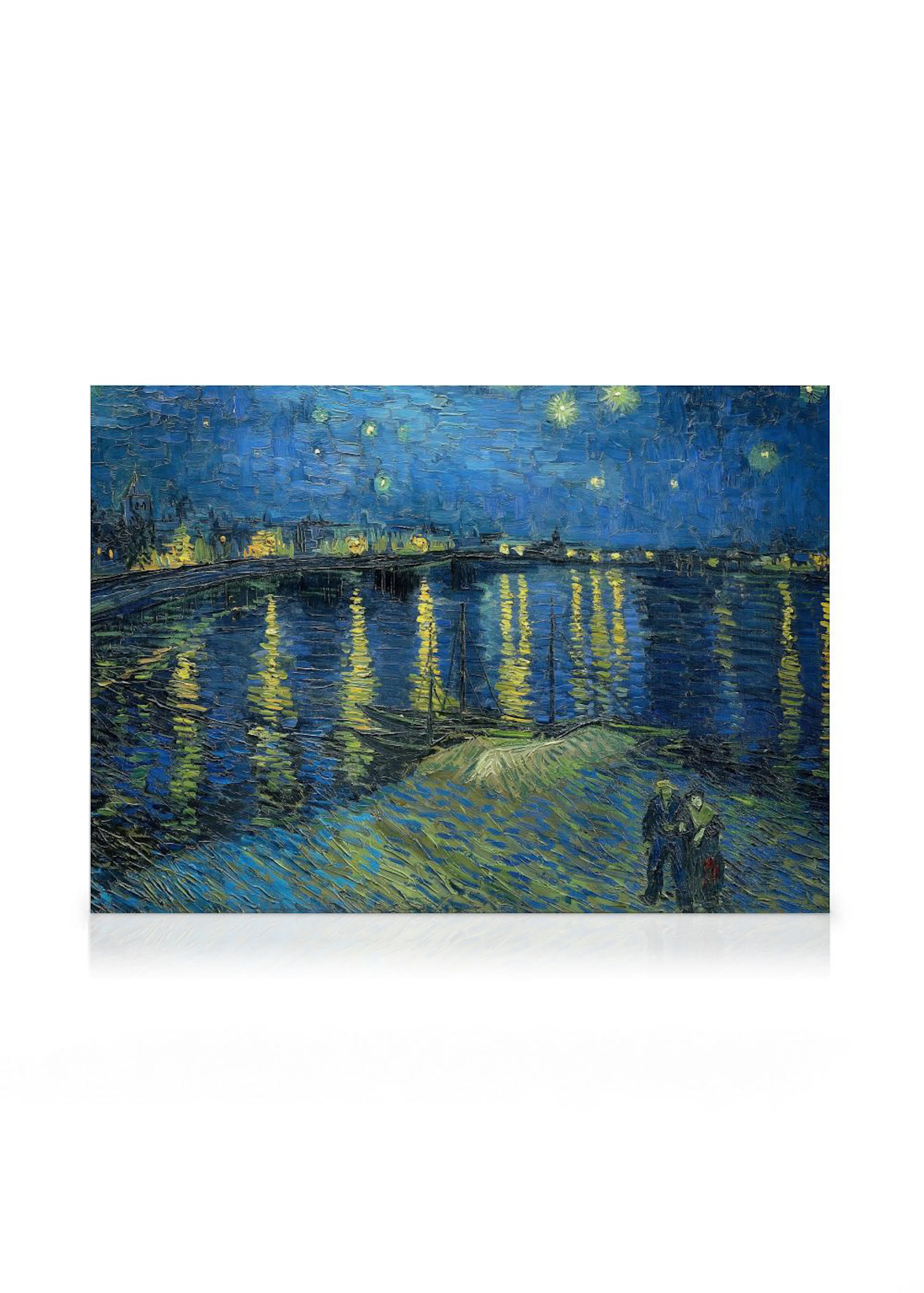 Lerretsbilde som viser Van Goghs «Stjernenatt over Rhône» med to figurer ved elvebredden.