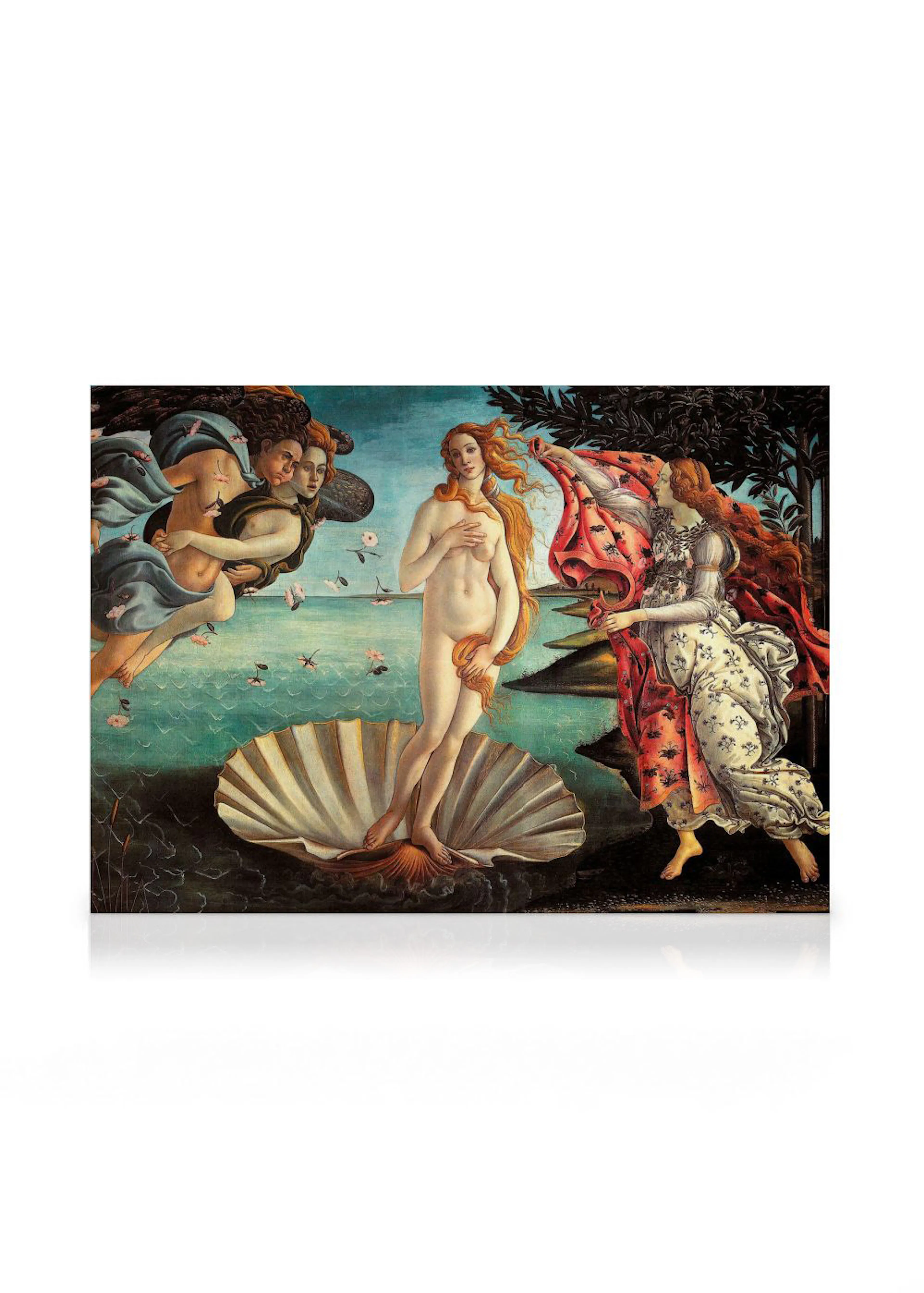 Canvas van De Geboorte van Venus, met Venus op een schelp in het water, geflankeerd door figuren.