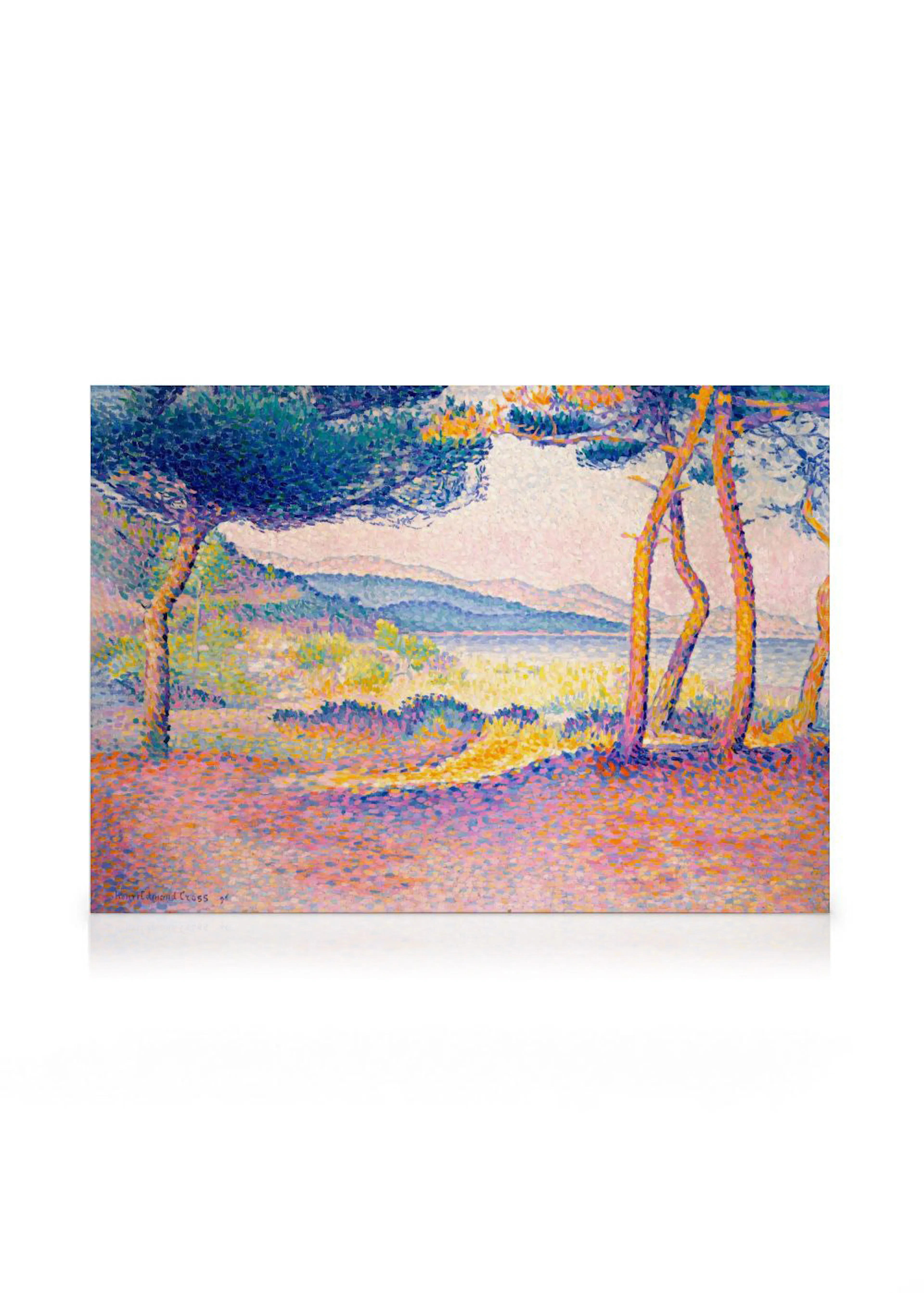 Toile pointilliste dun paysage méditerranéen avec des pins et un chemin ensoleillé, bordant la mer.
