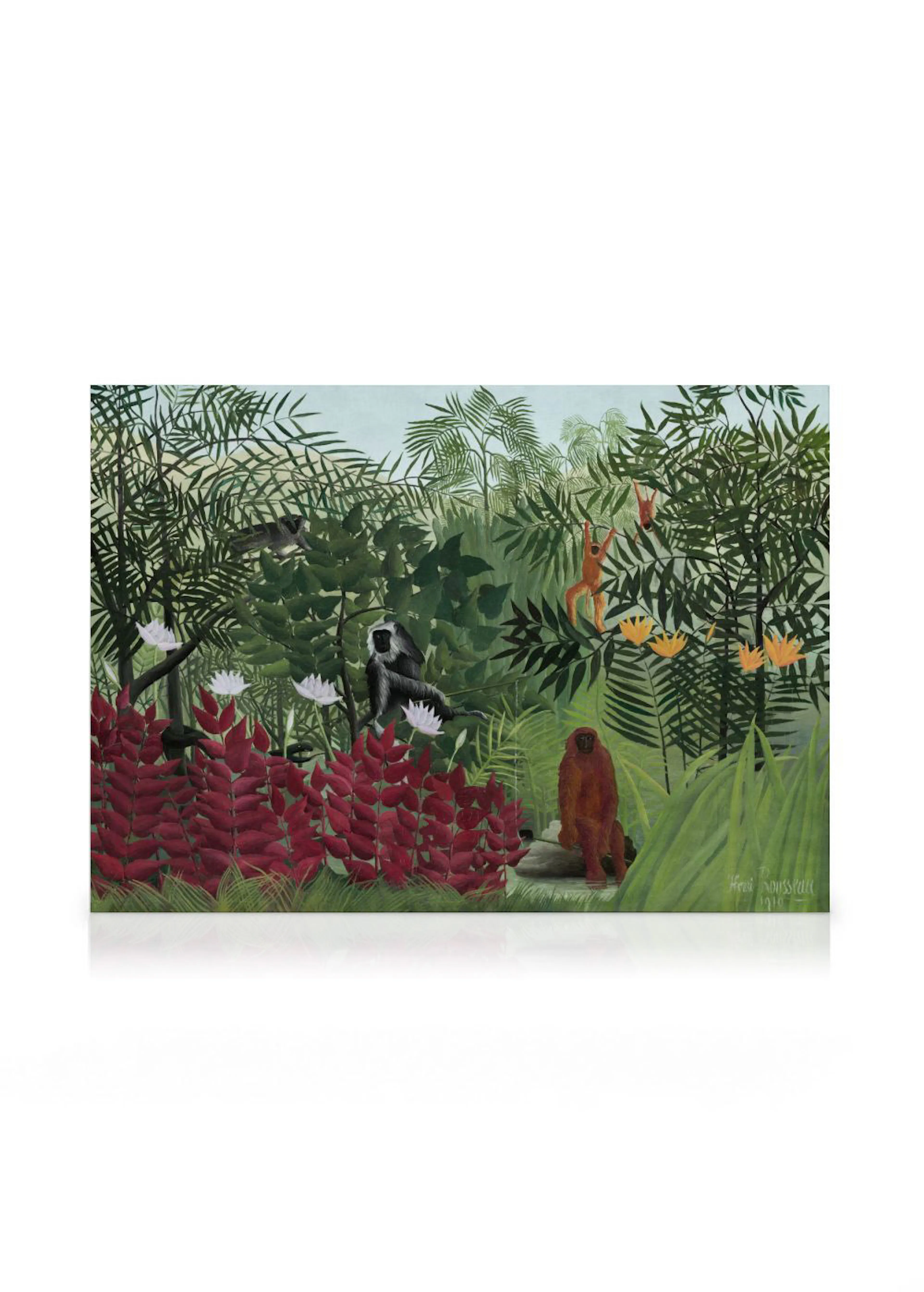 Toile jungle luxuriante avec singes, feuillage vert et plantes rouges, et fleurs blanches et jaunes.