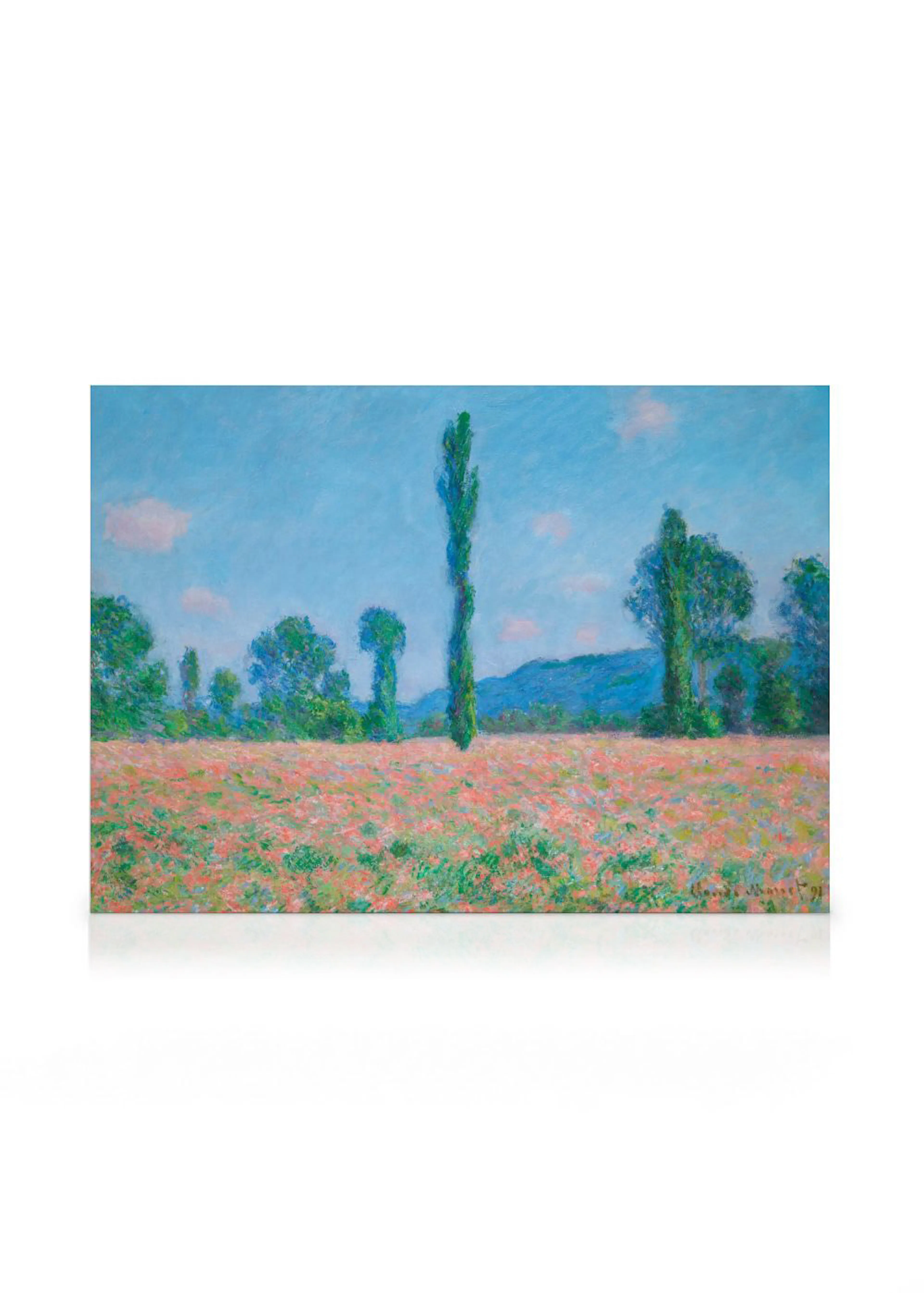 Leinwandbild mit einem impressionistischen Feld voller roter Mohnblumen, umgeben von grünen Bäumen unter blauem Himmel.