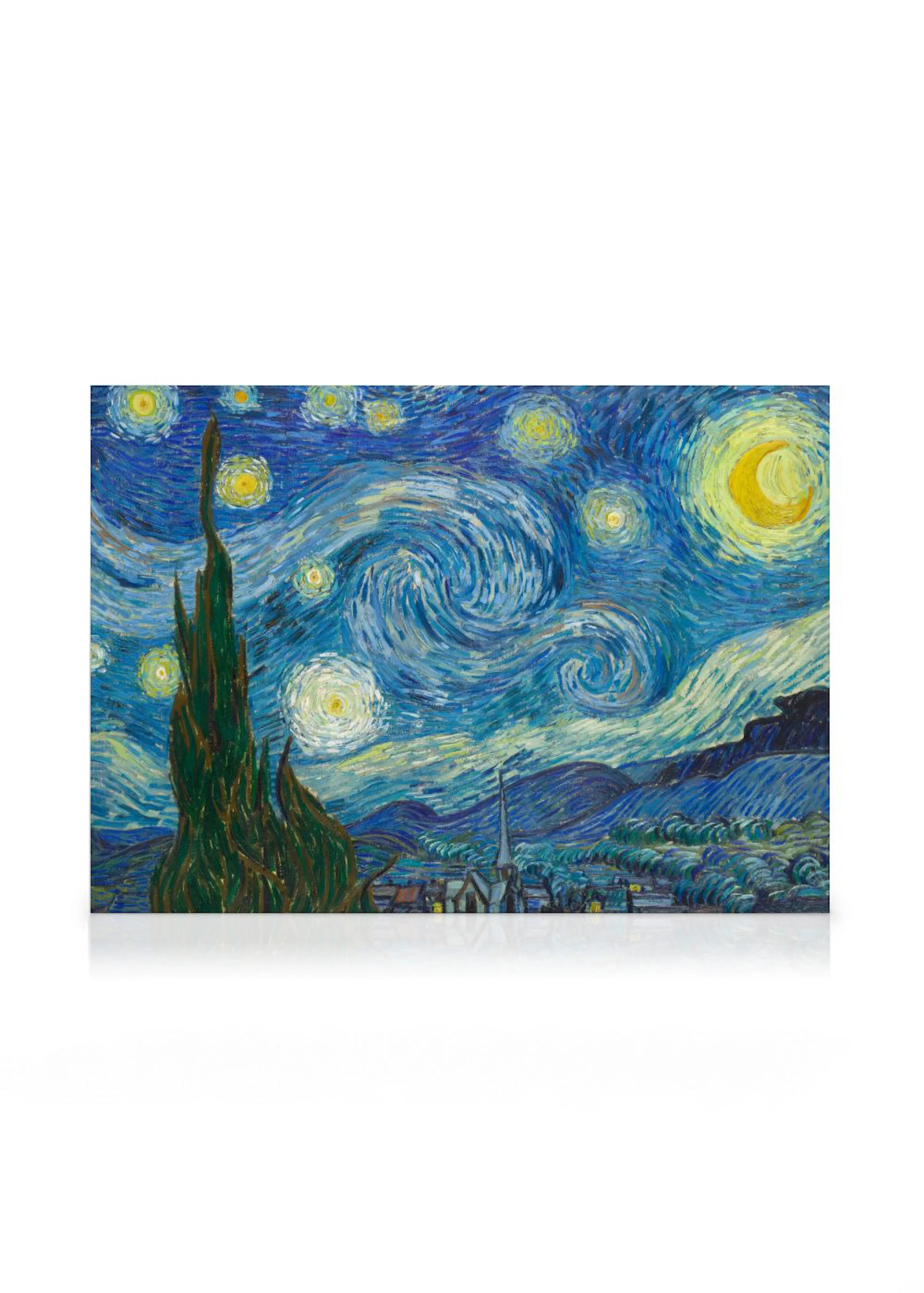 Leinwandbild von Van Goghs Sternennacht mit dunklem Zypressenbaum, leuchtenden Sternen und einem Dorf unter einem wirbelnden, bl