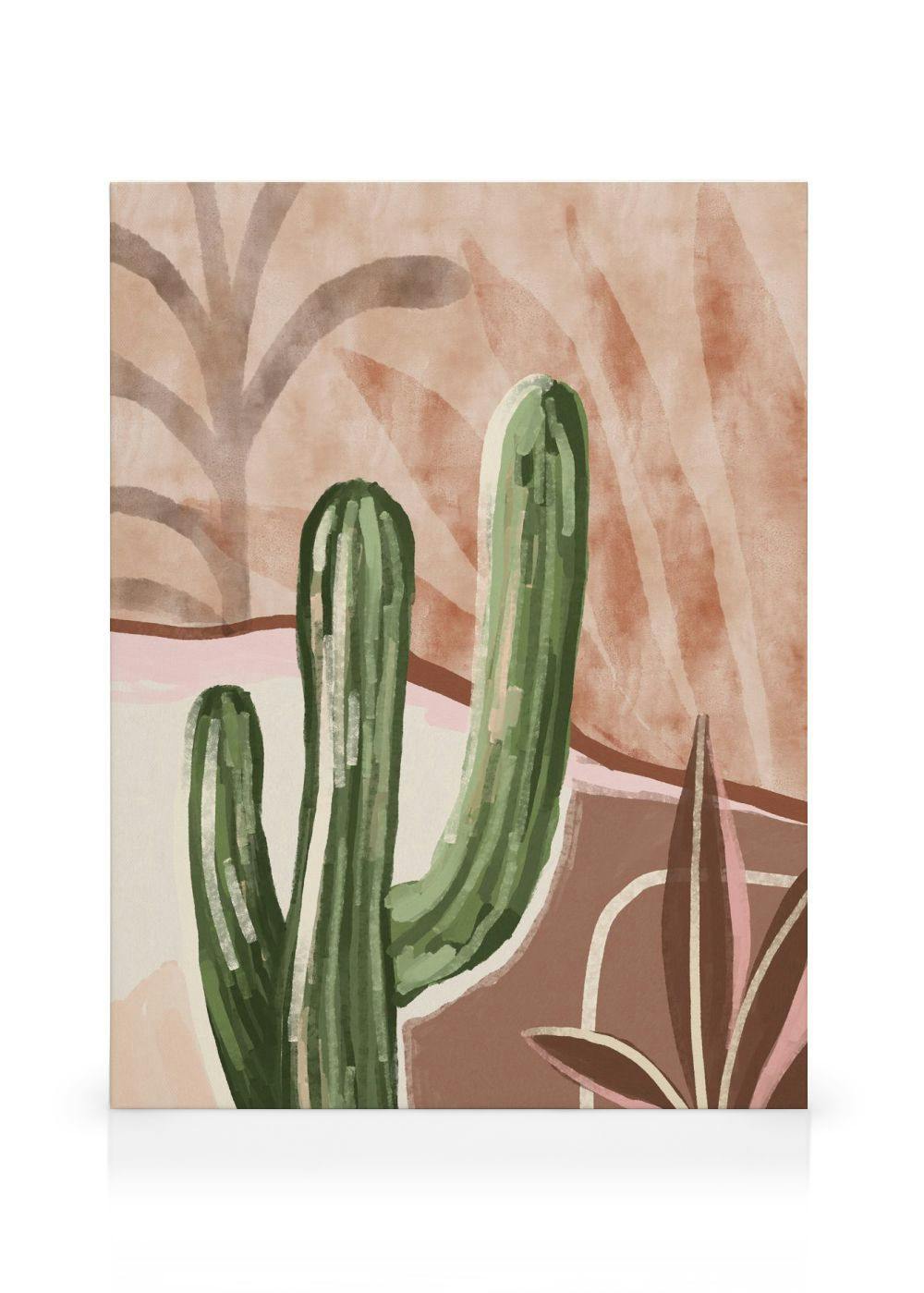 A desert-themed canvas with green cacti and abstract brown foliage on a light pink and peach background.