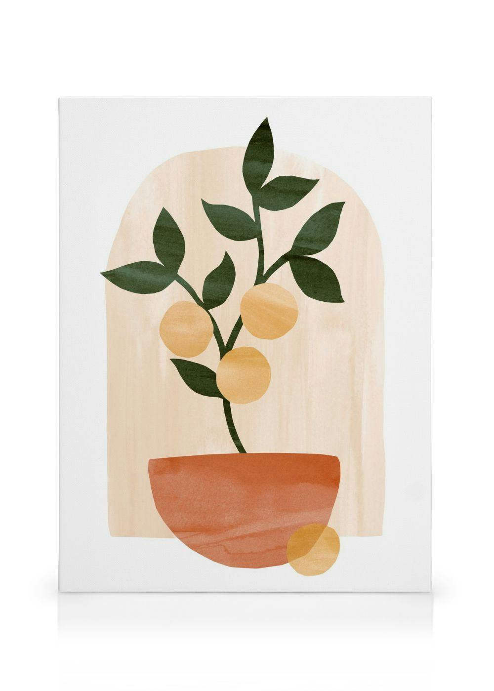 A canvas featuring a stylized plant with green leaves and orange fruit in a terracotta pot, set against a light arch.