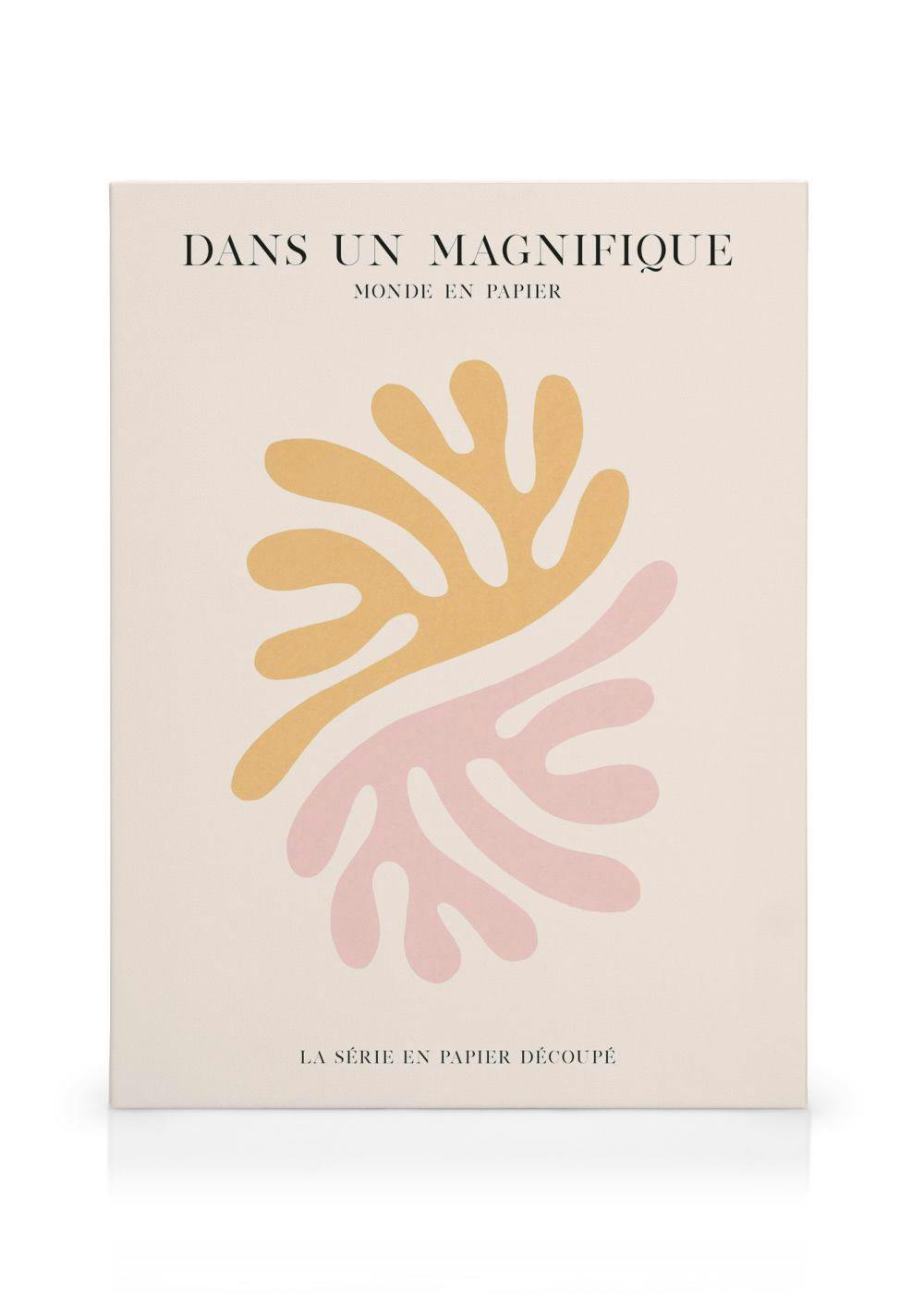 En canvastavla med organiska former i gult och rosa på en ljus bakgrund, med fransk text.