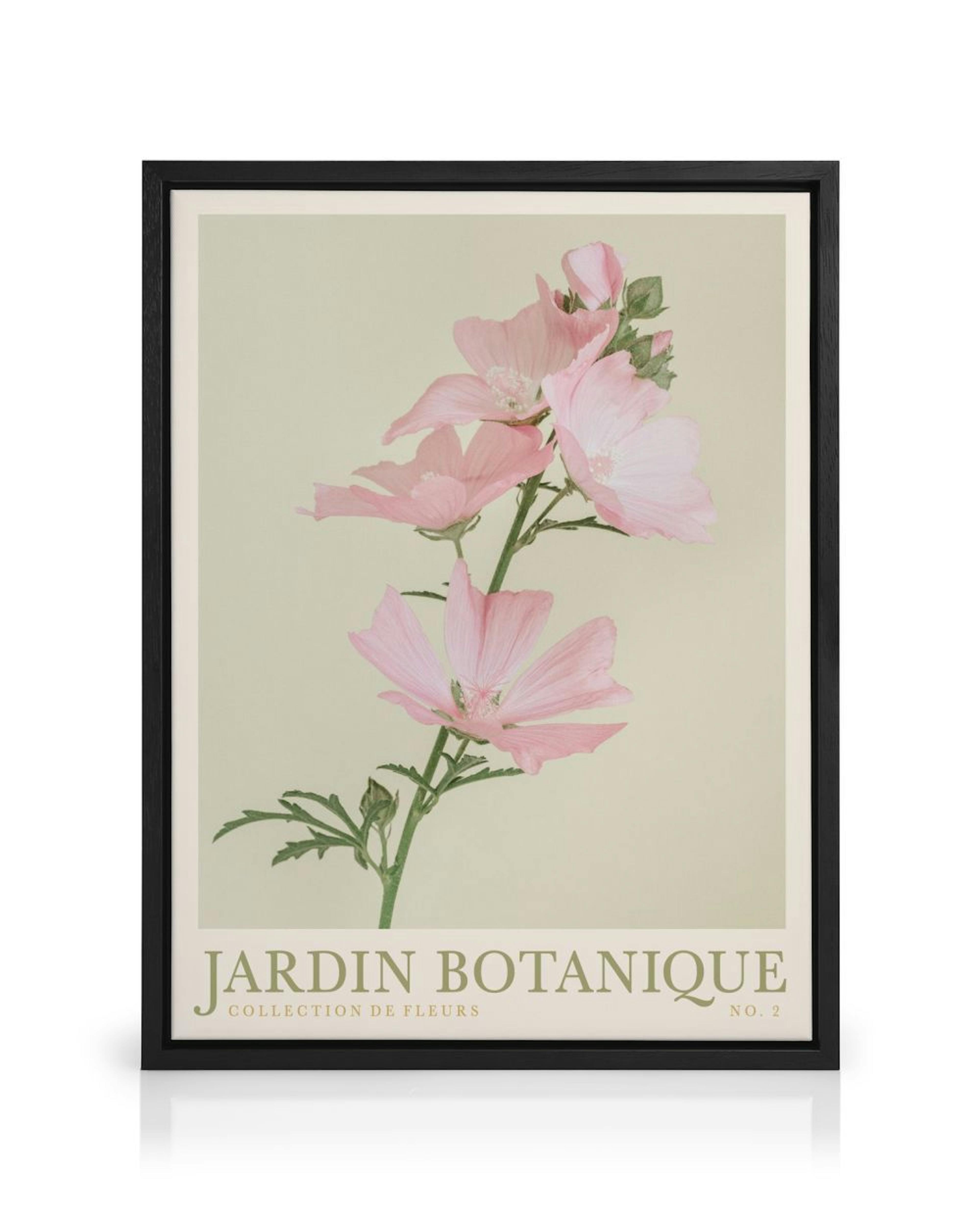A botanical print of soft pink mallow flowers on a light background, hanging on a white wall above a wooden cabinet and chair.