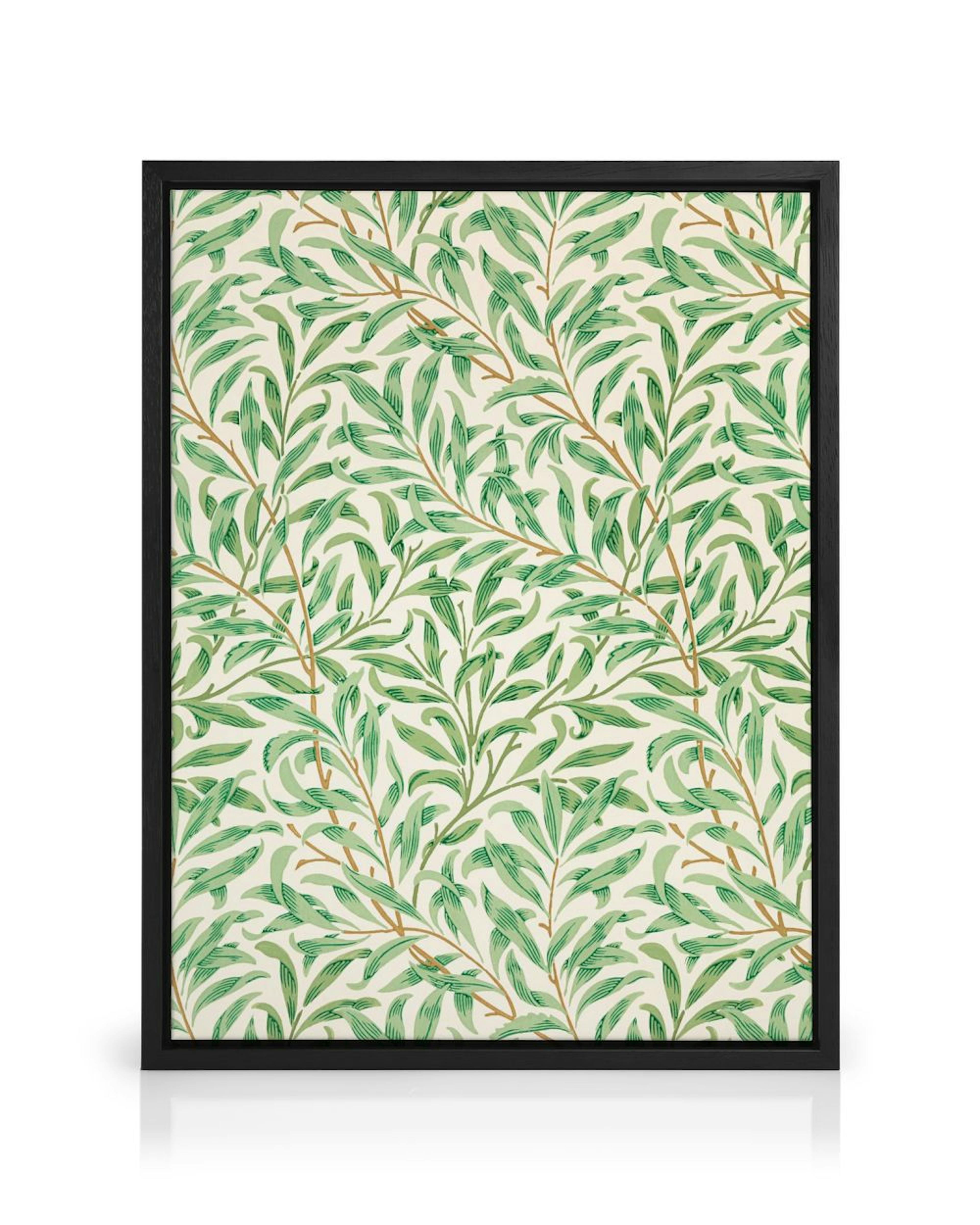 A canvas featuring an intricate pattern of light and dark green willow leaves and brown branches on a white background.