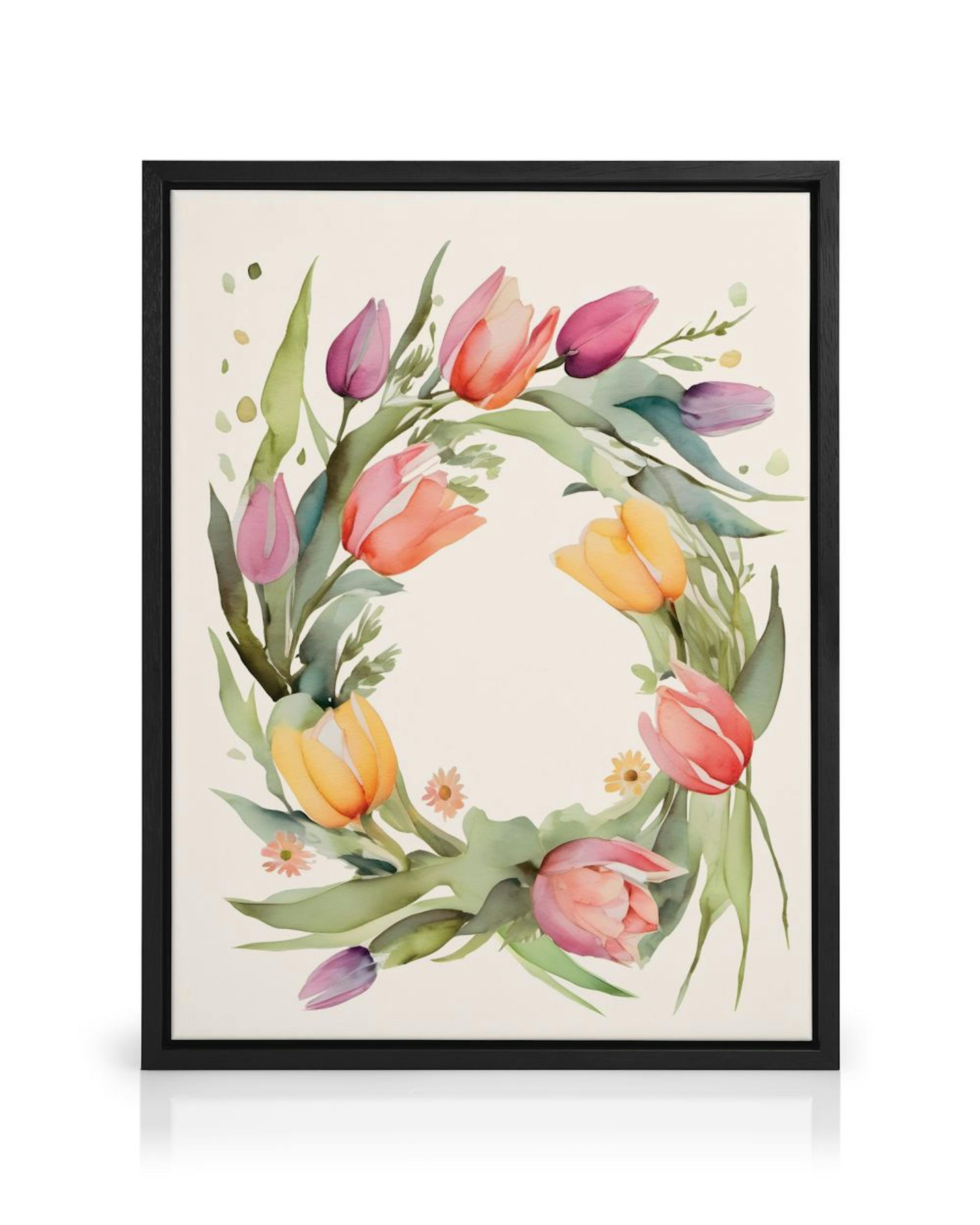 A canvas featuring a watercolor wreath of pink, yellow, and purple tulips with green leaves on a light background.